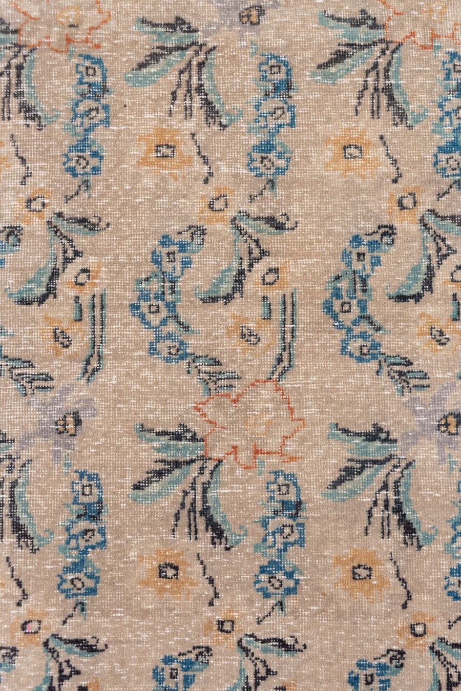 4' x 6' one-of-a-kind handmade vintage Oushak small size rug. Color palette: beige, terra cotta, sky blue, teal, ivory, gold