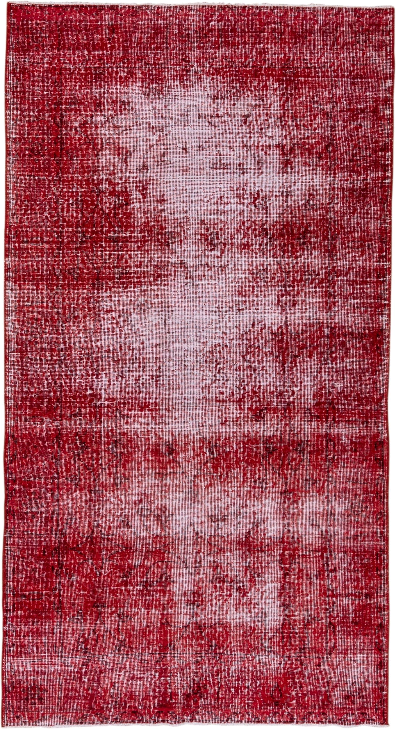 3' x 7' one-of-a-kind handmade vintage Overdyed rug. Color palette: crimson, rose, burgundy, ivory, red, pink