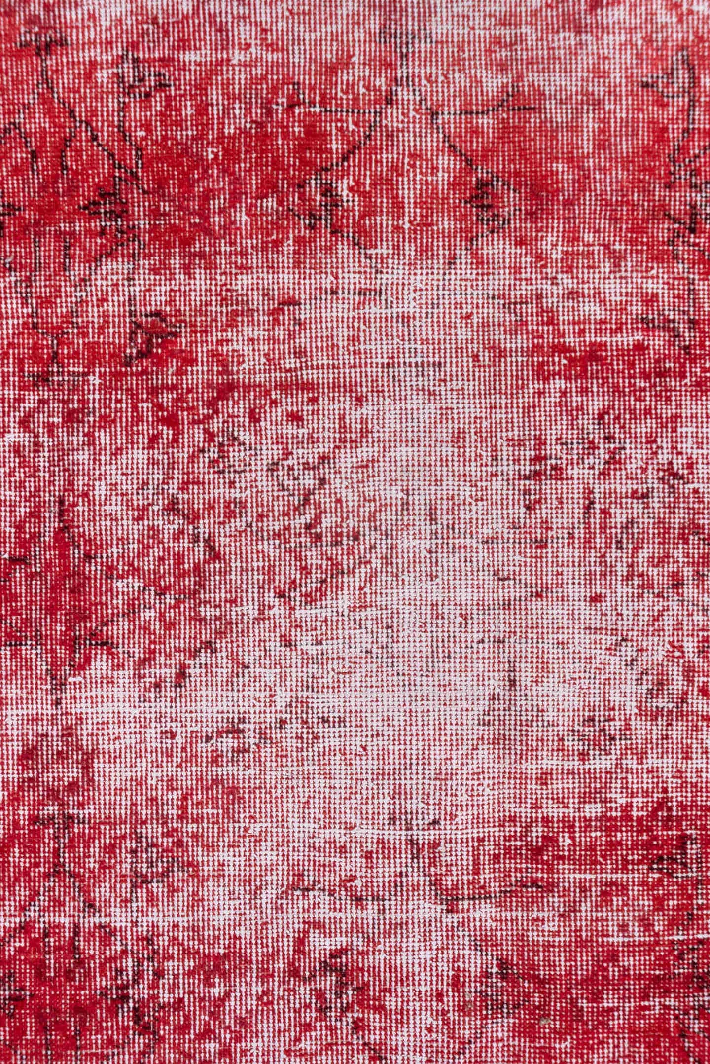 3' x 7' one-of-a-kind handmade vintage Overdyed rug. Color palette: crimson, rose, burgundy, ivory, red, pink