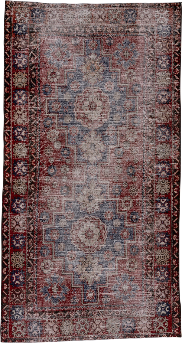 4' x 9' one-of-a-kind handmade vintage Oushak rug. Color palette: burgundy, dusty blue, rose, ivory, charcoal, taupe, blue
