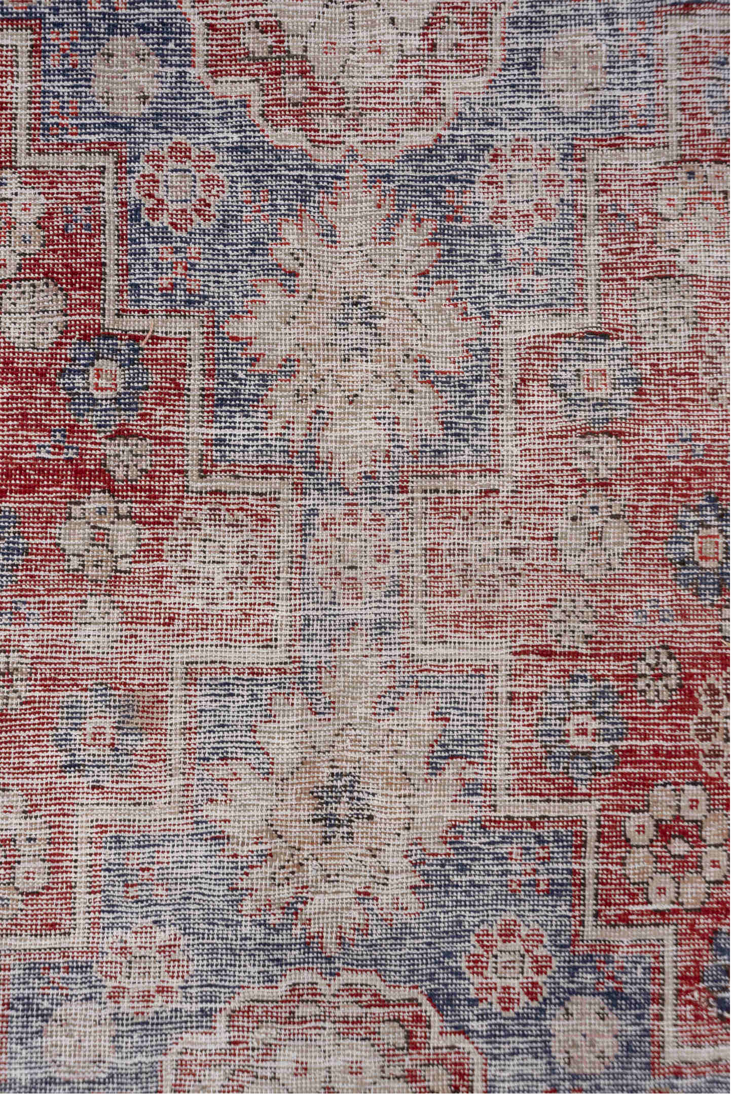 4' x 9' one-of-a-kind handmade vintage Oushak rug. Color palette: burgundy, dusty blue, rose, ivory, charcoal, taupe, blue
