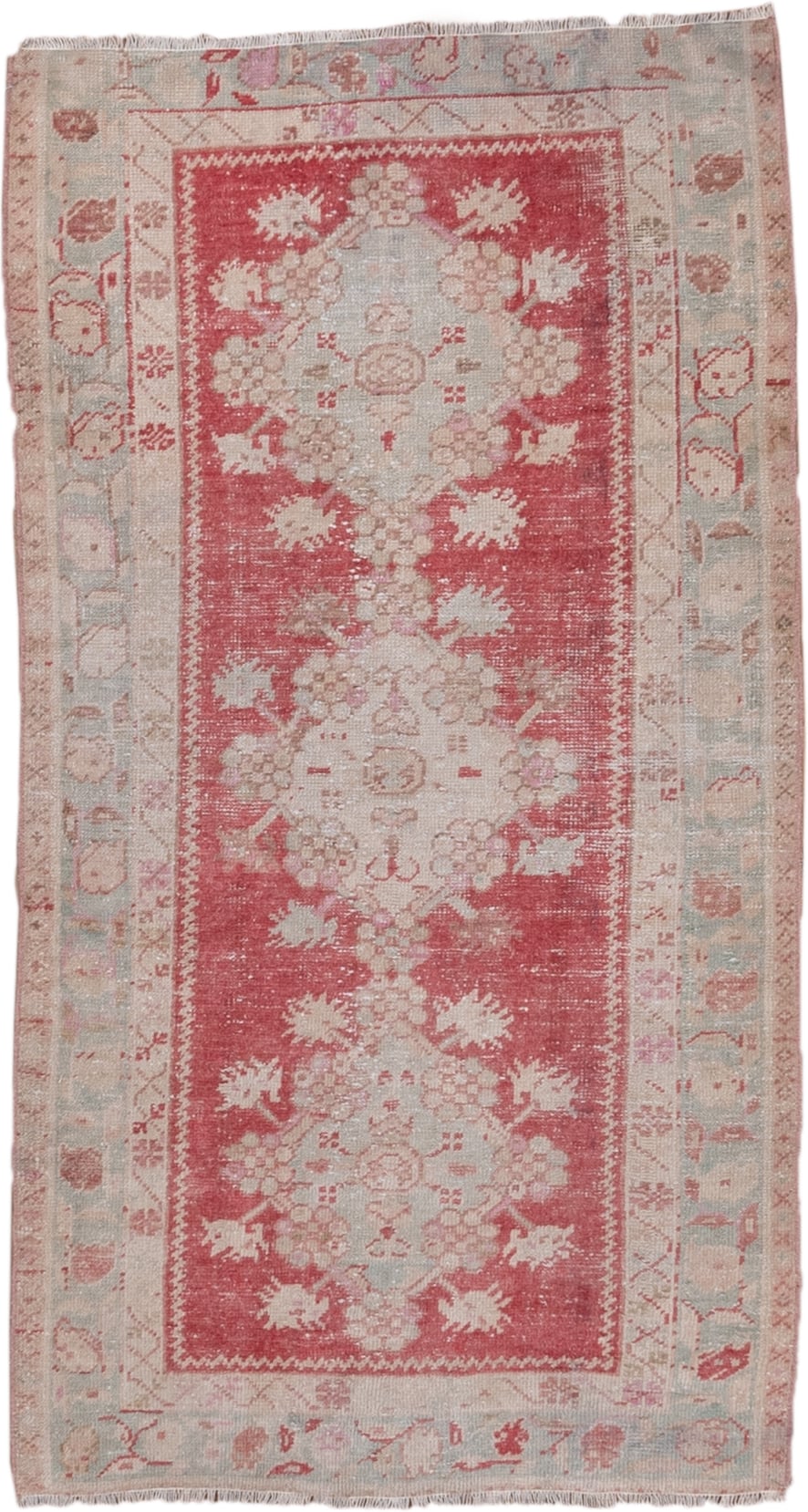 2' x 5' one-of-a-kind handmade vintage Oushak small size rug. Color palette: coral, ivory, pale blue, blush, rose, beige