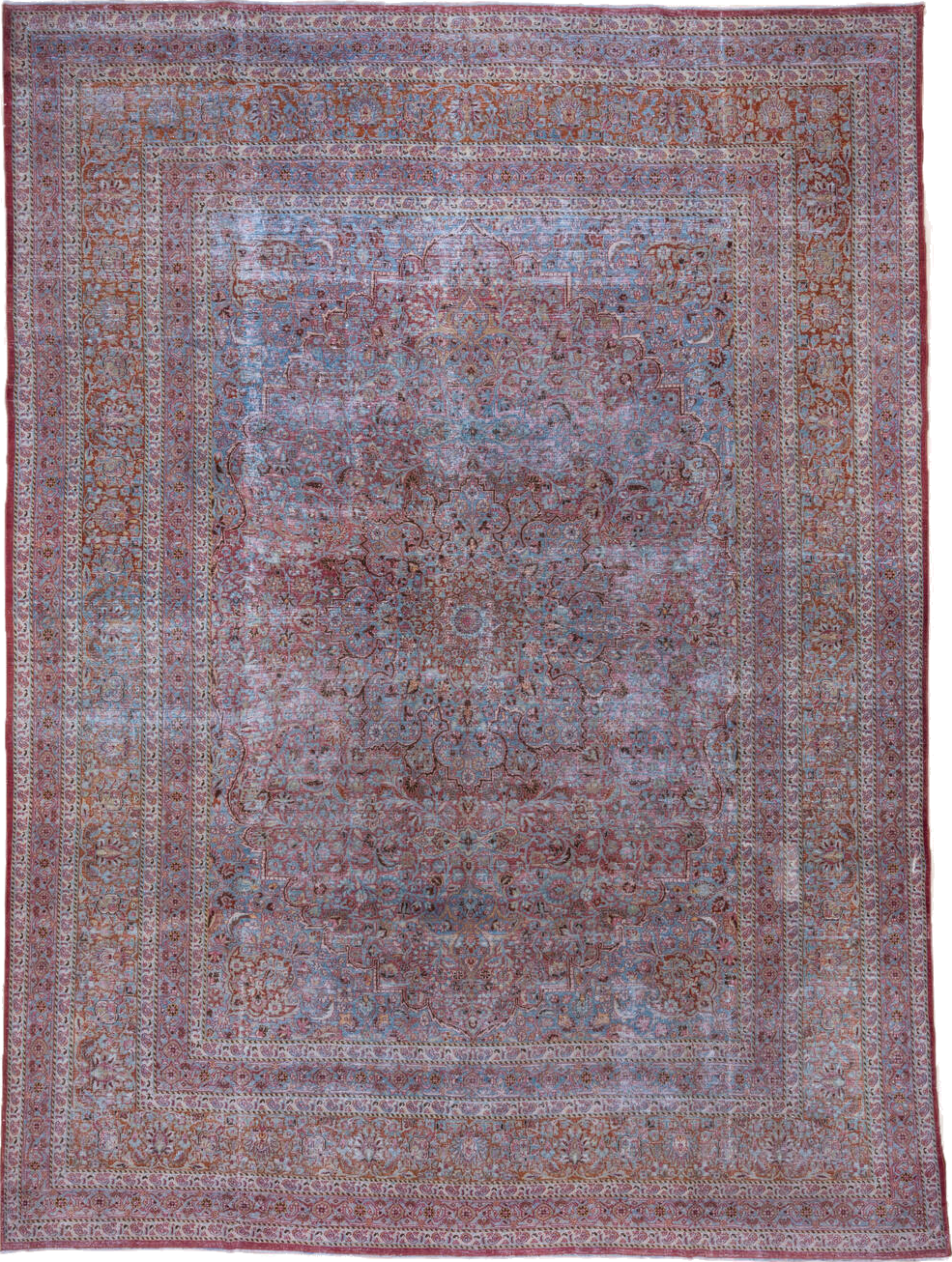 10' x 13' one-of-a-kind handmade vintage Khorassan large size rug. Color palette: blue, brown, gray, light blue, light gray