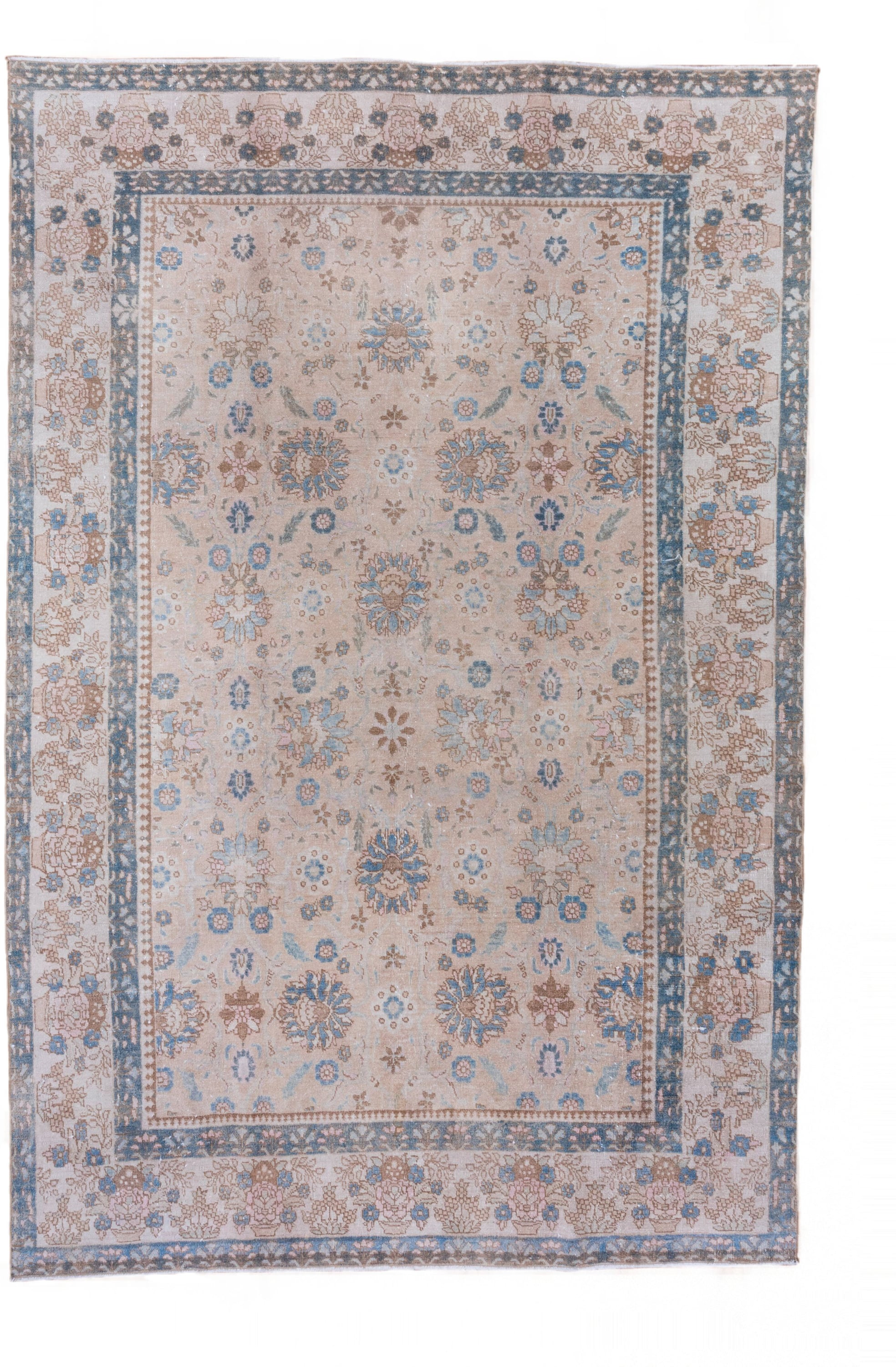 7' x 10' one-of-a-kind handmade antique Tabriz large size rug. Color palette: ivory, sky blue, taupe, beige, slate, camel