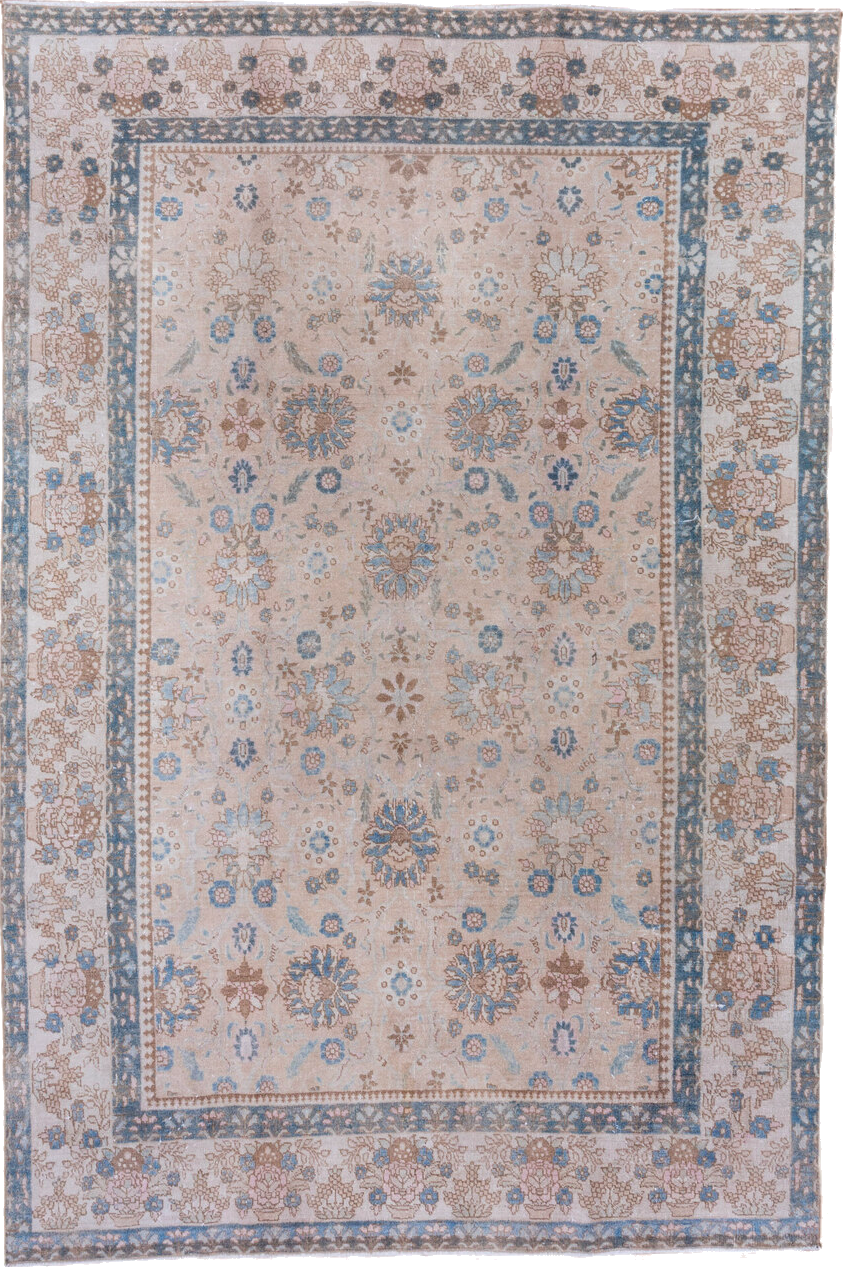 7' x 10' one-of-a-kind handmade vintage Tabriz large size rug. Color palette: blue, dark gray, gainsboro, gray, light gray