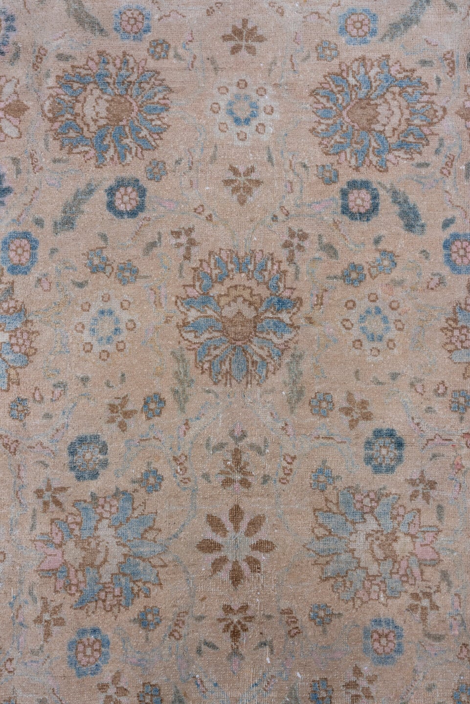 7' x 10' one-of-a-kind handmade antique Tabriz large size rug. Color palette: ivory, sky blue, taupe, beige, slate, camel