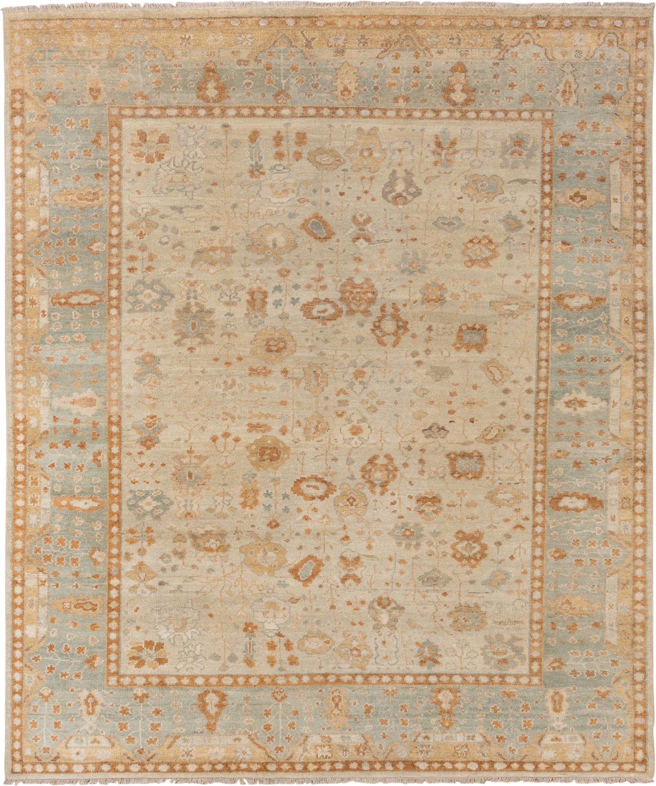 8' x 9' one-of-a-kind handmade vintage Oushak rug. Color palette: ivory, pale blue, gold, sand, taupe, terra cotta