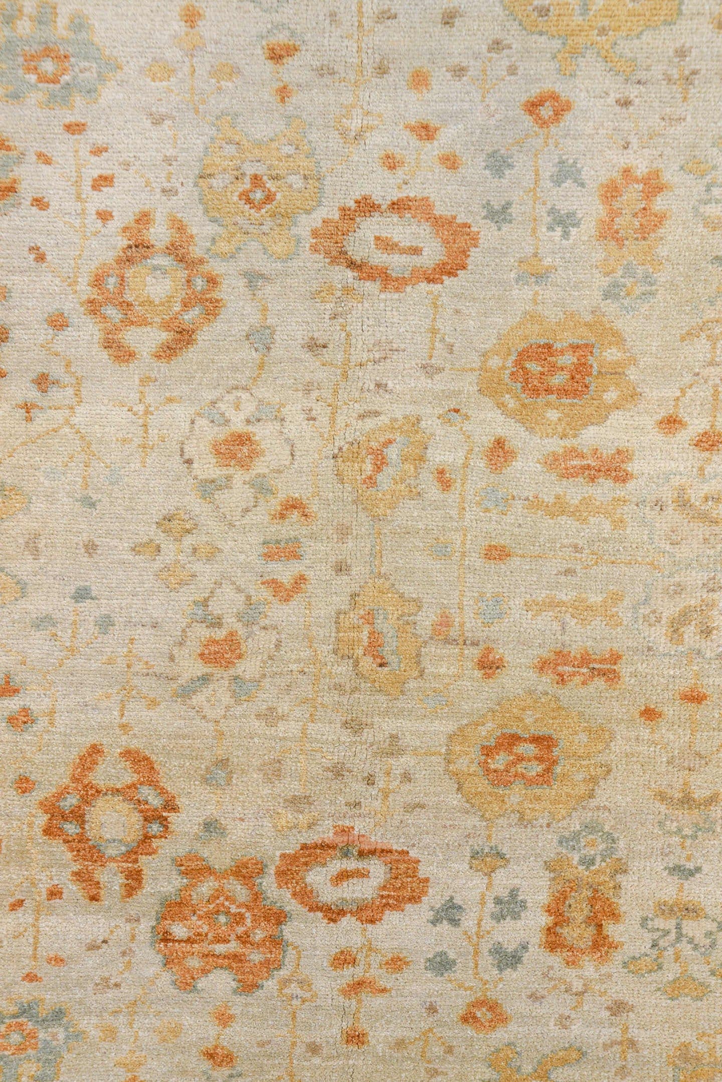 8' x 9' one-of-a-kind handmade vintage Oushak rug. Color palette: ivory, pale blue, gold, sand, taupe, terra cotta