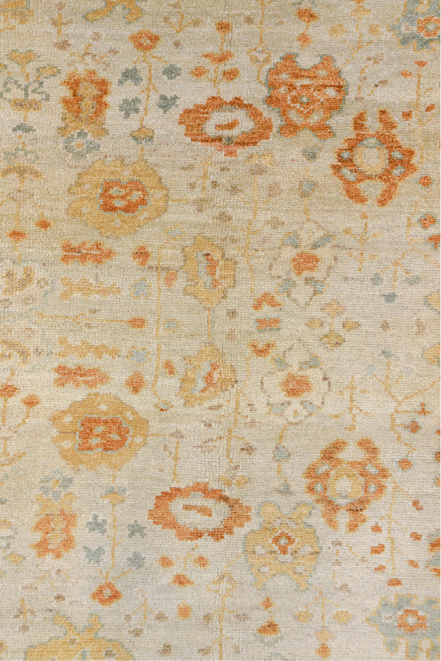 8' x 9' one-of-a-kind handmade vintage Oushak rug. Color palette: ivory, pale blue, gold, sand, taupe, terra cotta