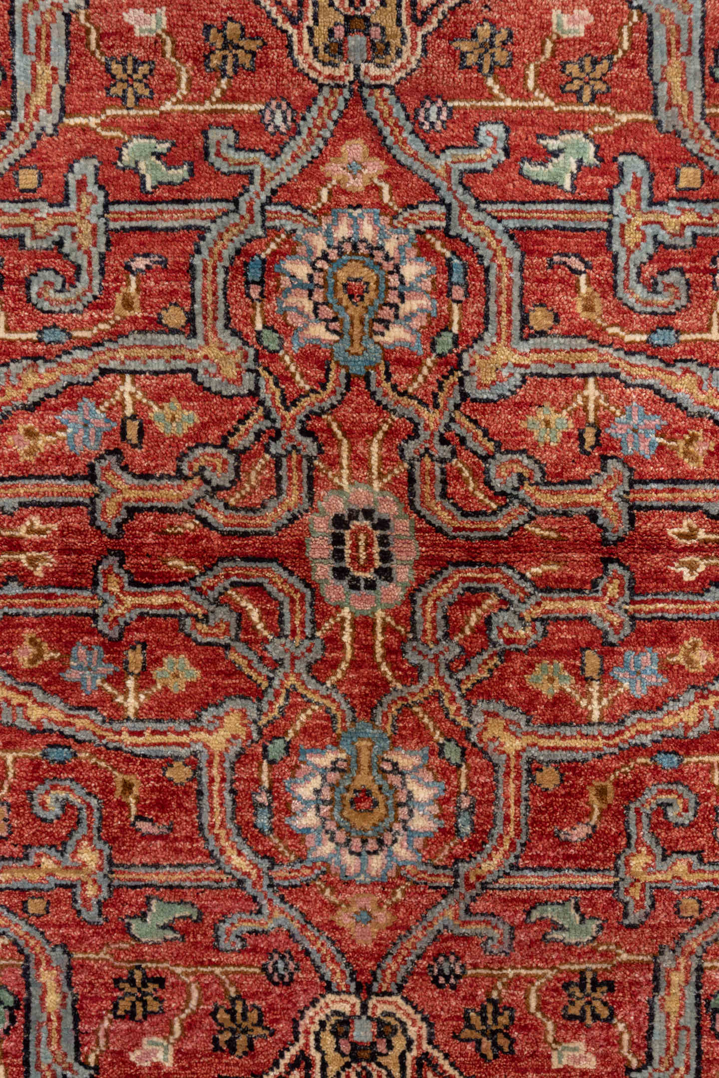4' x 6' one-of-a-kind handmade vintage Heriz small size rug. Color palette: rust, ivory, navy, sky_blue, sage, charcoal