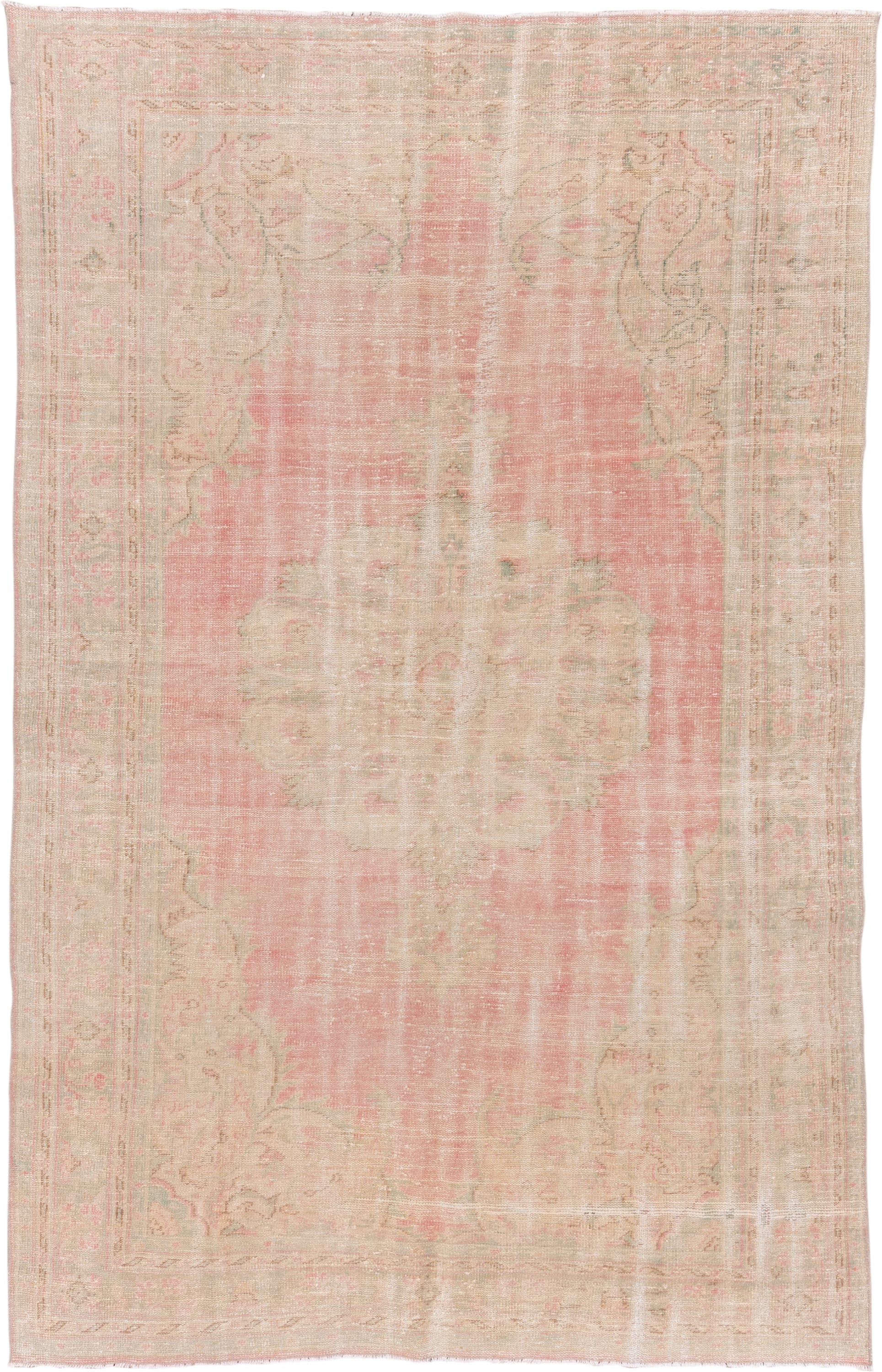 6' x 10' one-of-a-kind handmade vintage Oushak large size rug. Color palette: ivory, blush, cream, pale peach, sage, taupe
