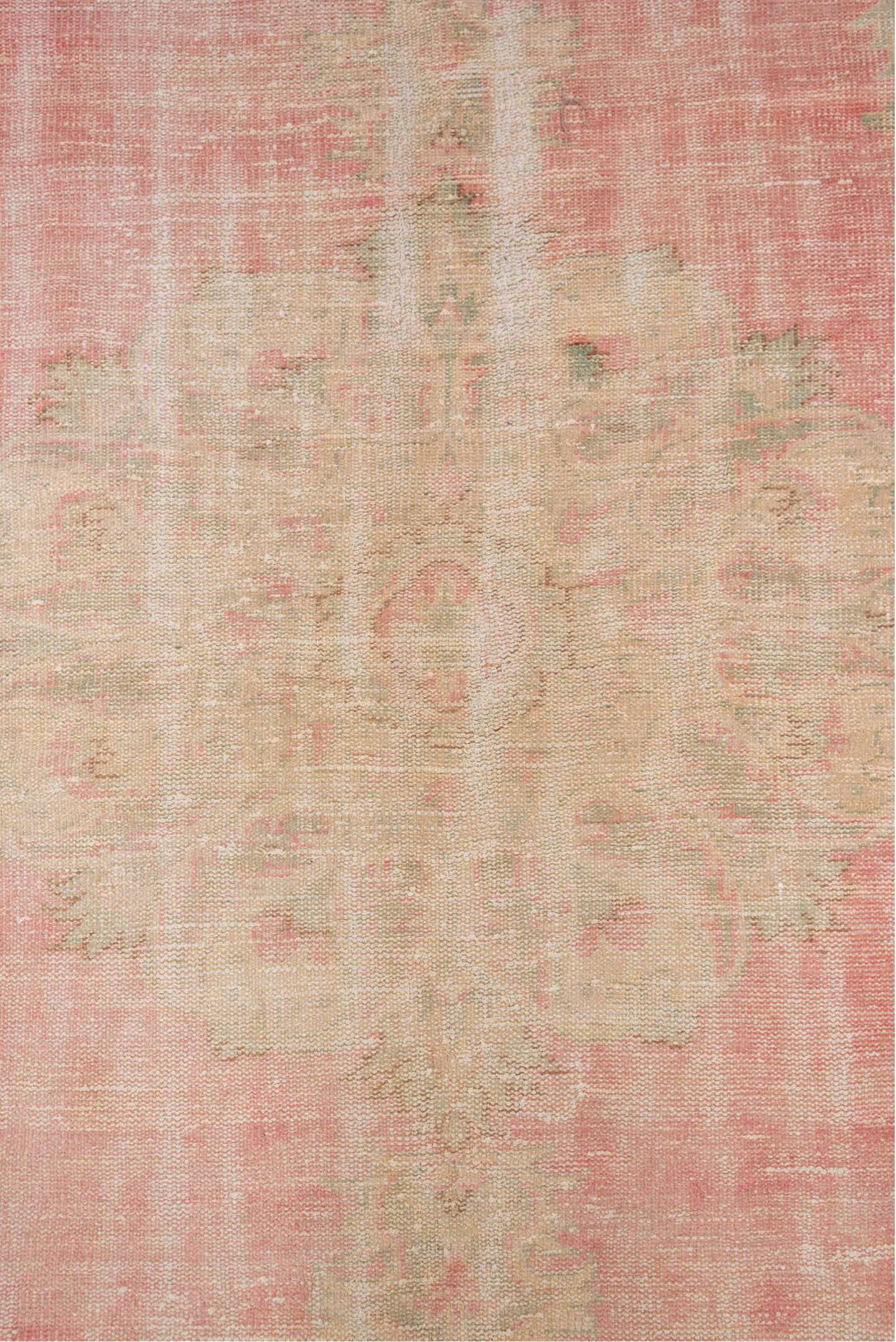 6' x 10' one-of-a-kind handmade vintage Oushak large size rug. Color palette: ivory, blush, cream, pale peach, sage, taupe