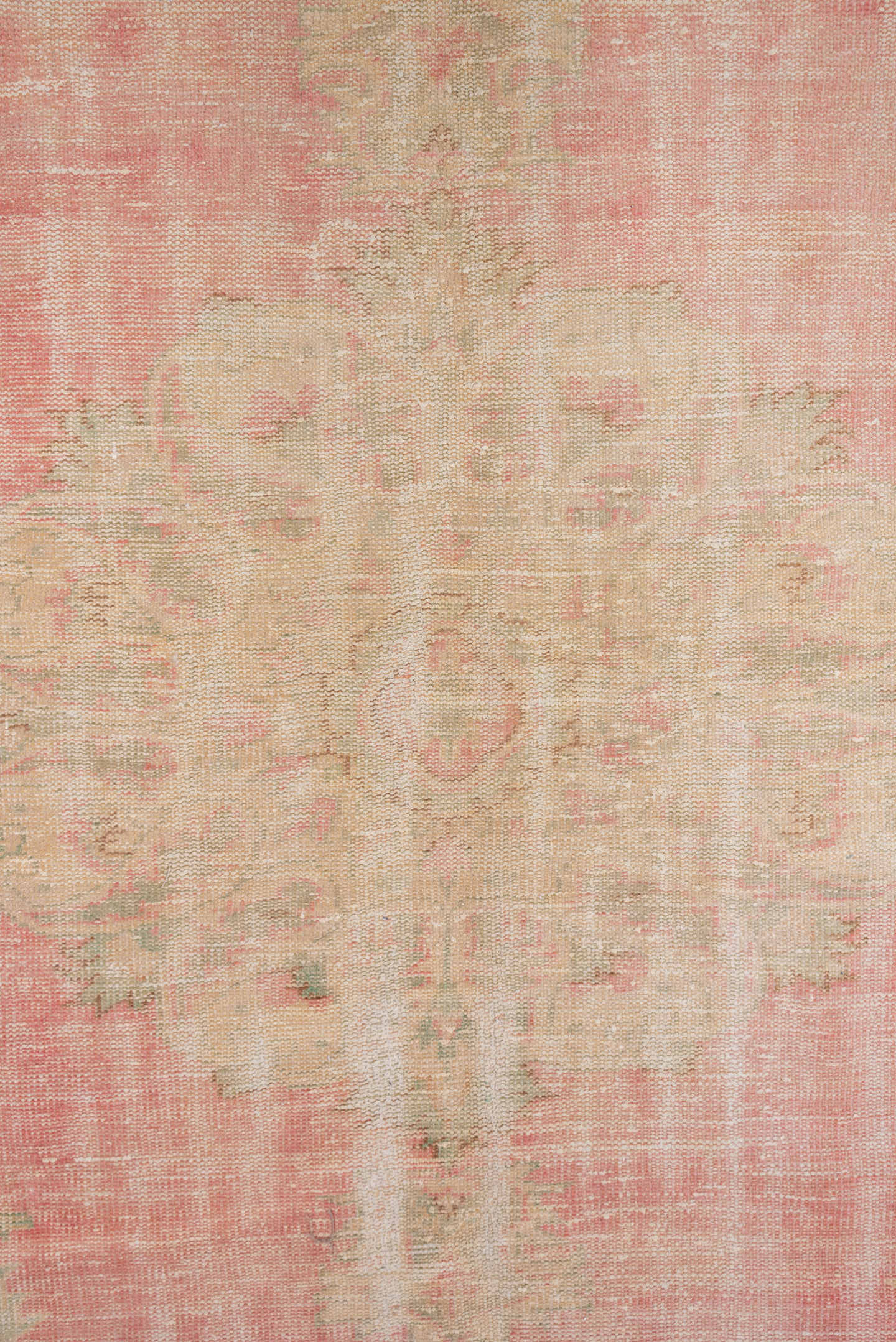 6' x 10' one-of-a-kind handmade vintage Oushak large size rug. Color palette: ivory, blush, cream, pale peach, sage, taupe