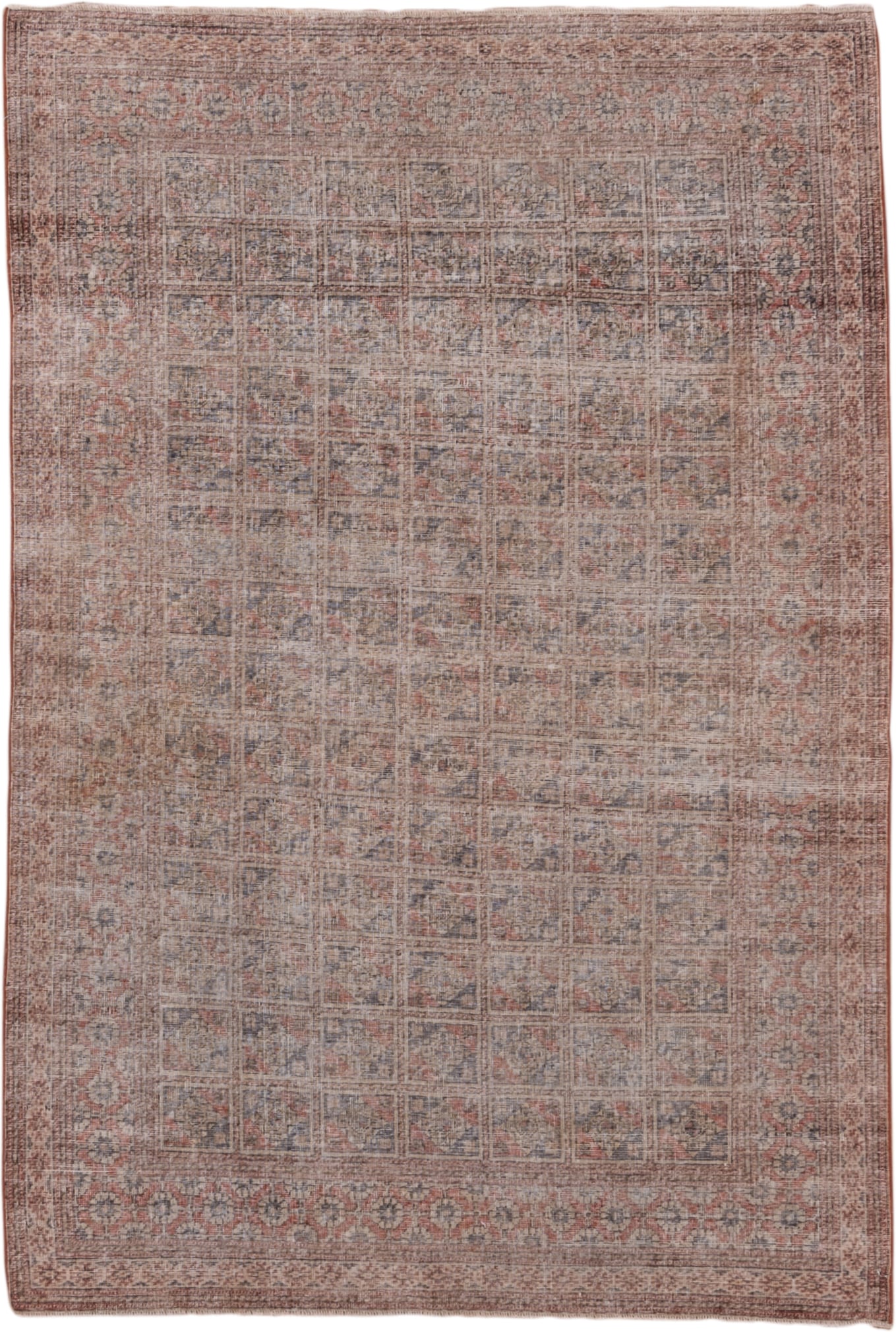 4' x 6' one-of-a-kind handmade antique Oushak small size rug. Color palette: rose, taupe, ivory, dusty blue, terra cotta