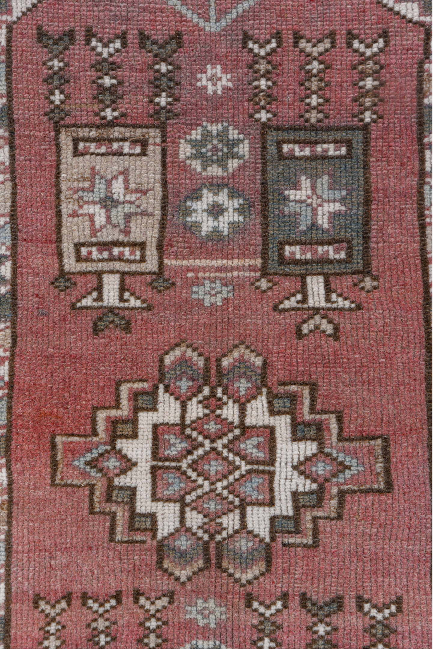 2' x 4' one-of-a-kind handmade vintage Oushak small size rug. Color palette: rose, taupe, slate, ivory, brown, dusty pink