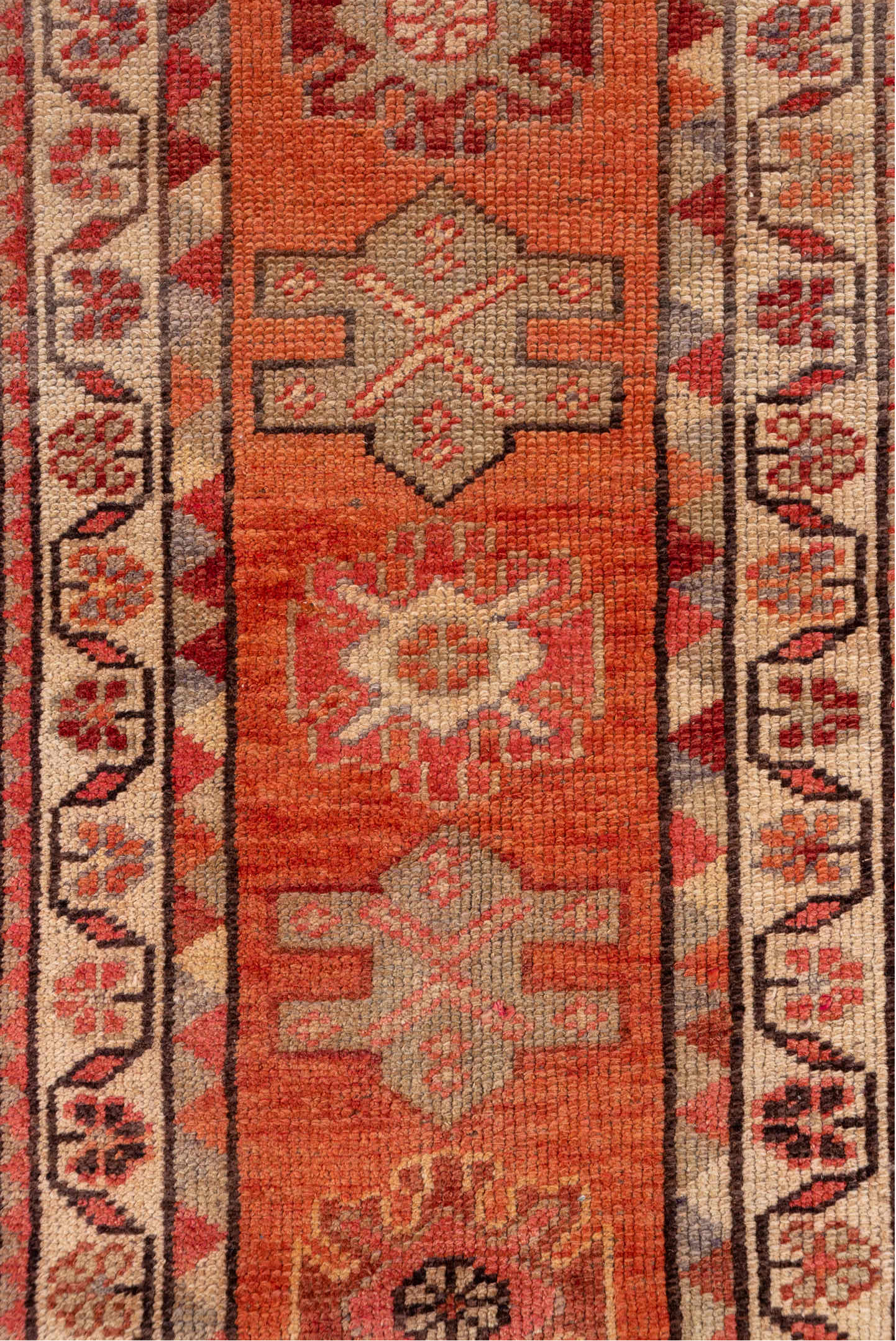 2' x 12' one-of-a-kind handmade vintage Oushak runner rug. Color palette: brown, pink, red, redwood