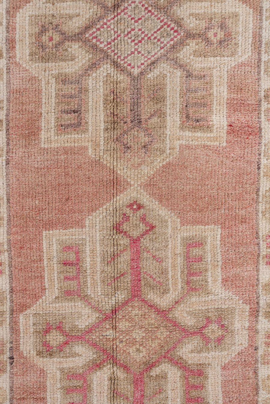 2' x 12' one-of-a-kind handmade vintage Oushak runner rug. Color palette: rose, ivory, blush, taupe, terra cotta, pink, red