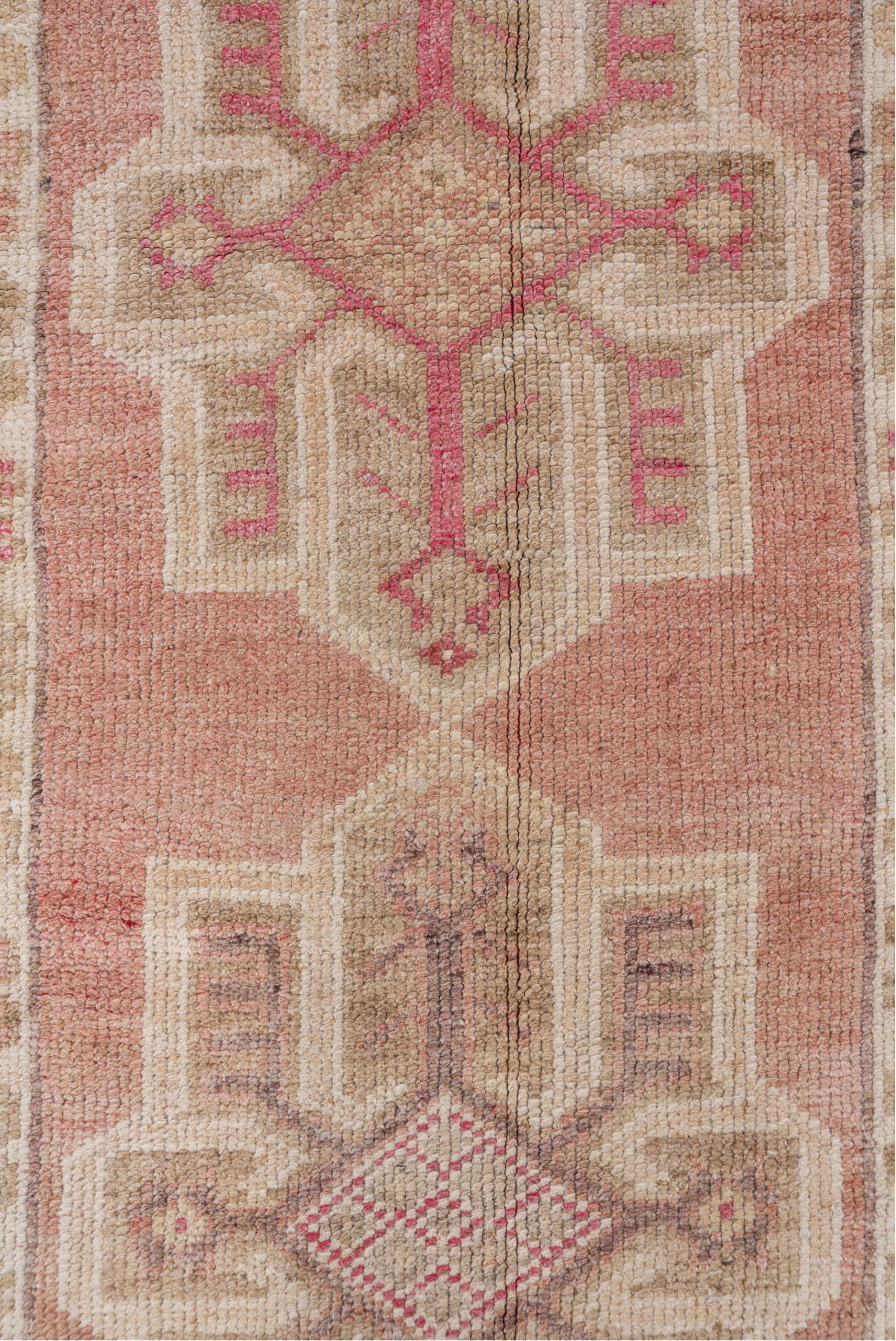2' x 12' one-of-a-kind handmade vintage Oushak runner rug. Color palette: brown, gray, light gray, off-white, pink, snow
