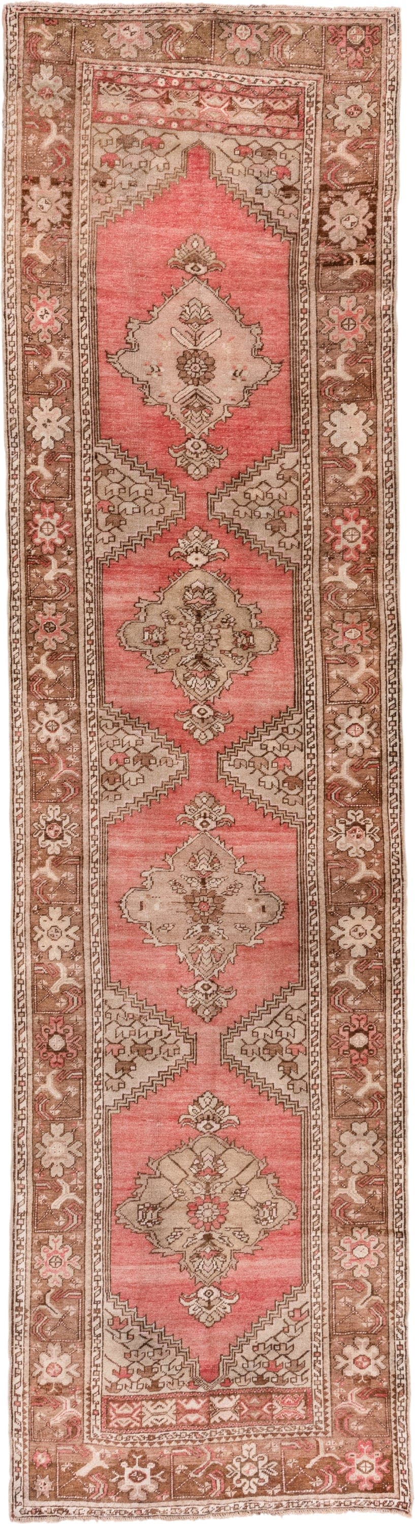 3' x 13' one-of-a-kind handmade antique Oushak runner rug. Color palette: coral, taupe, brown, ivory, rose, camel
