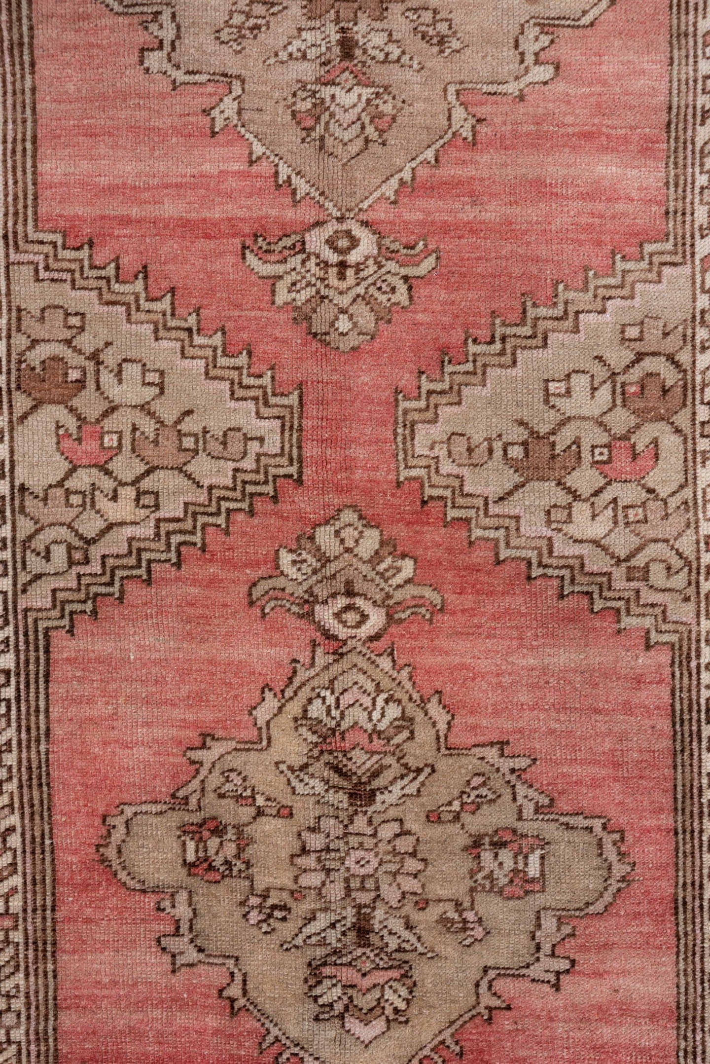 3' x 13' one-of-a-kind handmade antique Oushak runner rug. Color palette: coral, taupe, brown, ivory, rose, camel