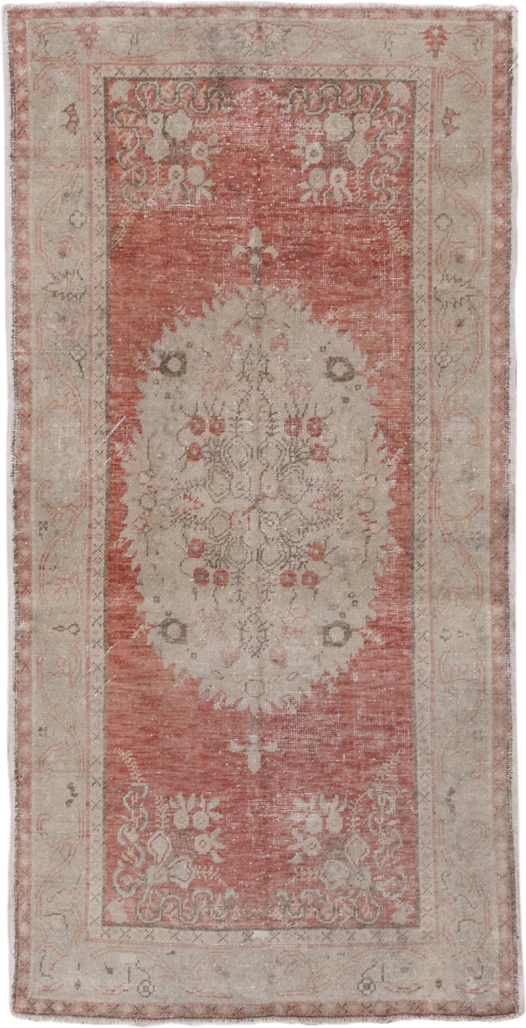 3' x 6' one-of-a-kind handmade antique Oushak small size rug. Color palette: rose, ivory, blush, taupe, sage, camel, pink