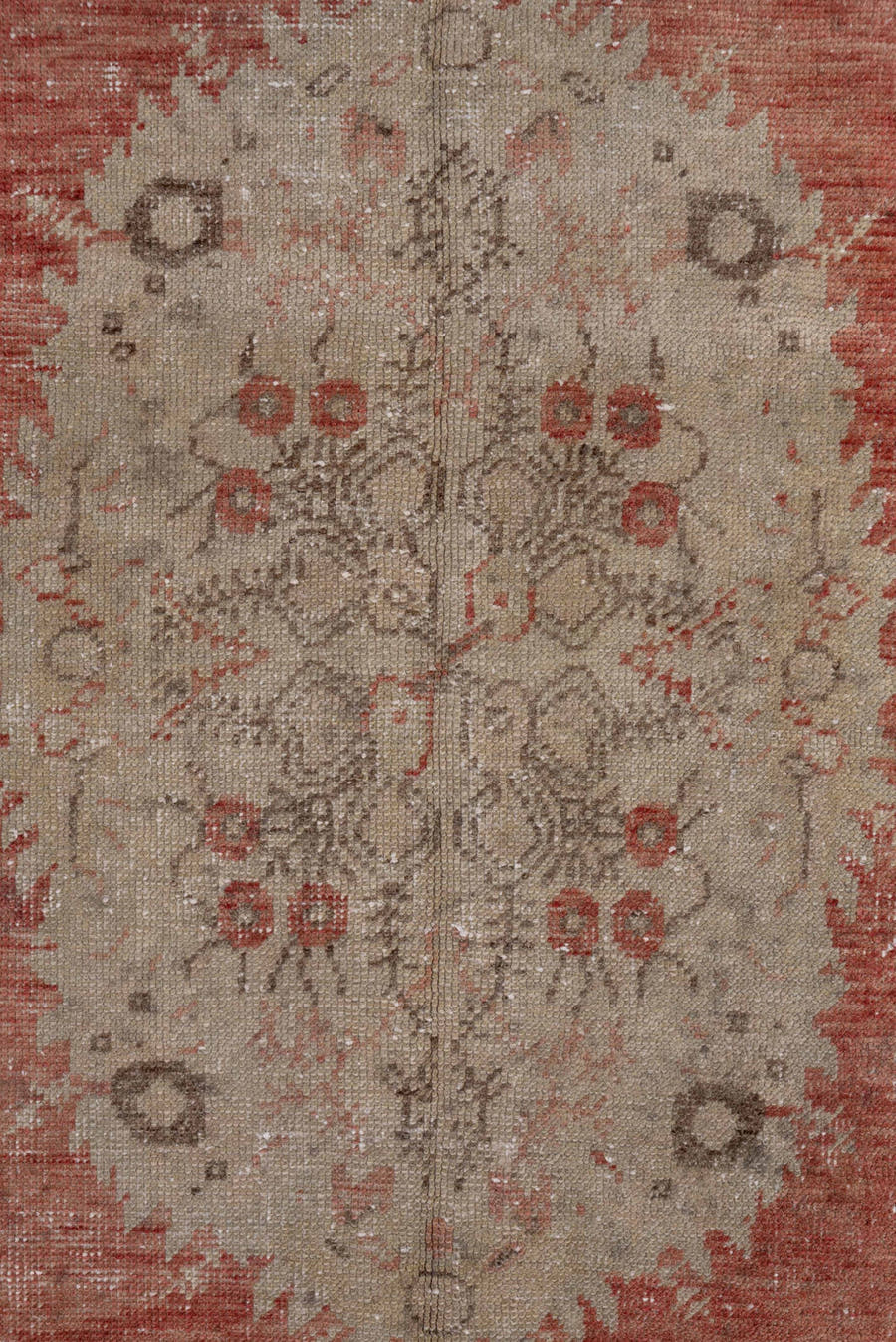 3' x 6' one-of-a-kind handmade antique Oushak small size rug. Color palette: rose, ivory, blush, taupe, sage, camel, pink
