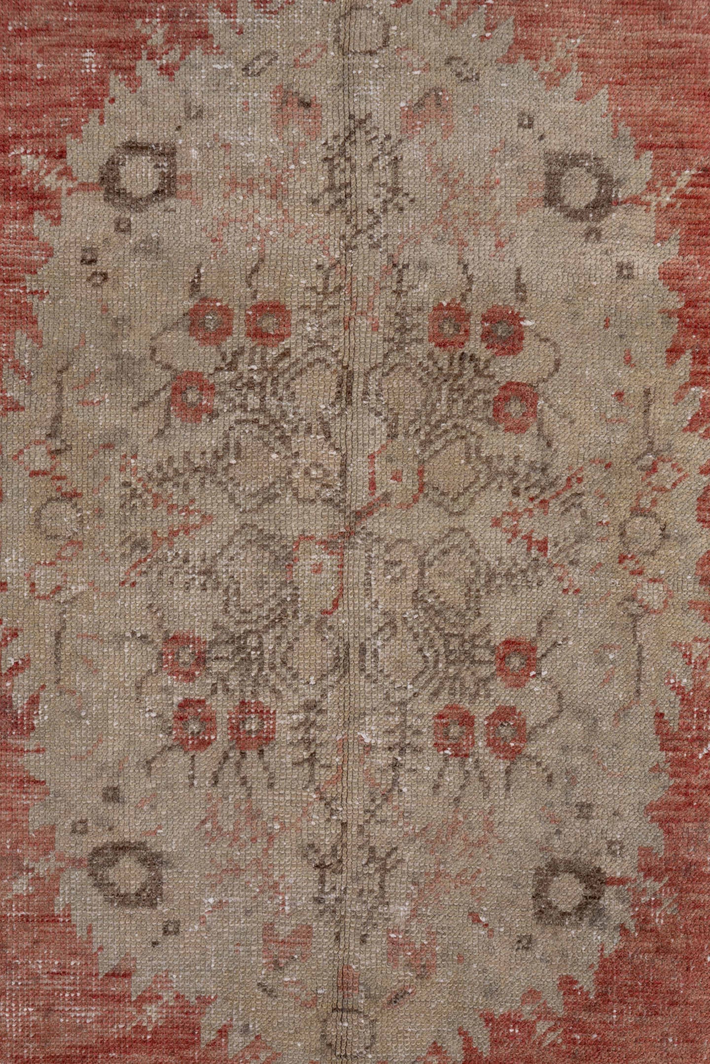 3' x 6' one-of-a-kind handmade antique Oushak small size rug. Color palette: rose, ivory, blush, taupe, sage, camel, pink