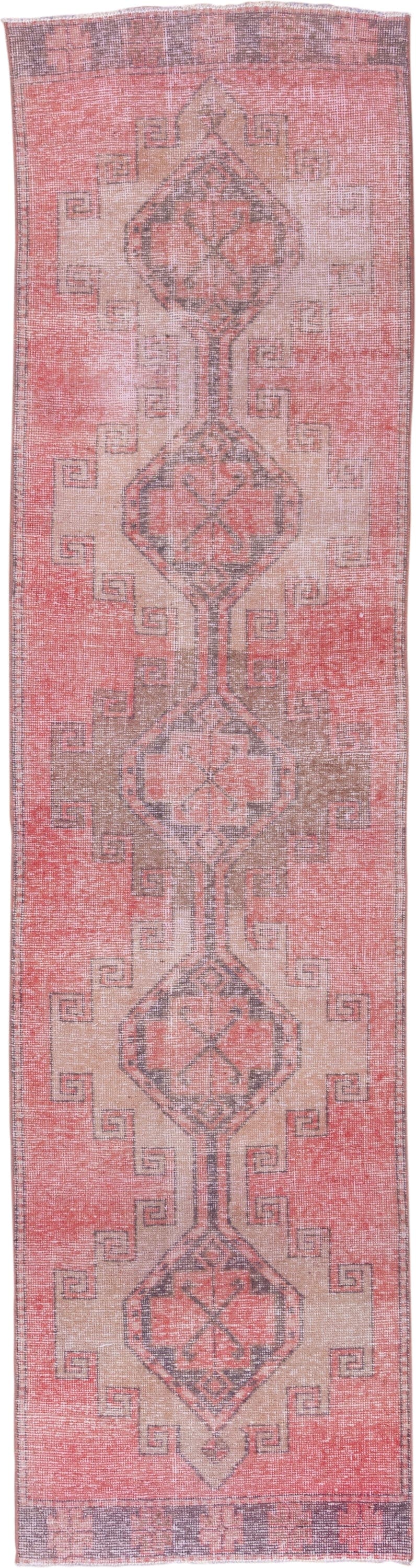 3' x 11' one-of-a-kind handmade vintage Oushak runner rug. Color palette: coral, taupe, charcoal, rose, ivory, terracotta