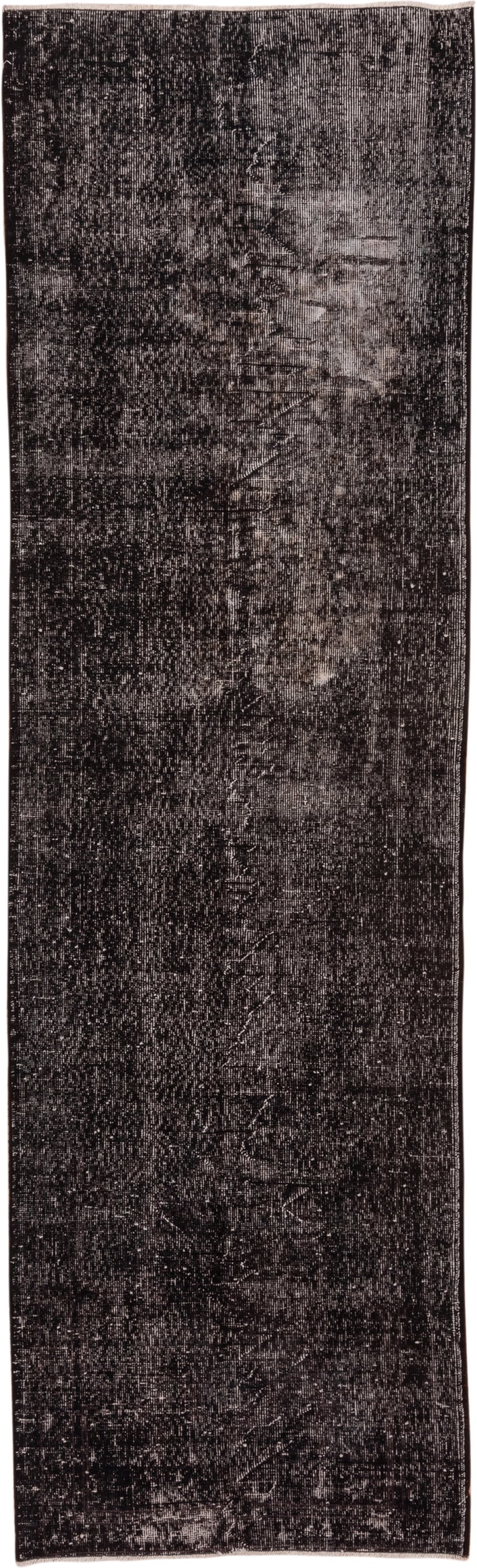 3' x 10' one-of-a-kind handmade vintage Overdyed runner rug. Color palette: charcoal, taupe, gray, ebony, black, beige