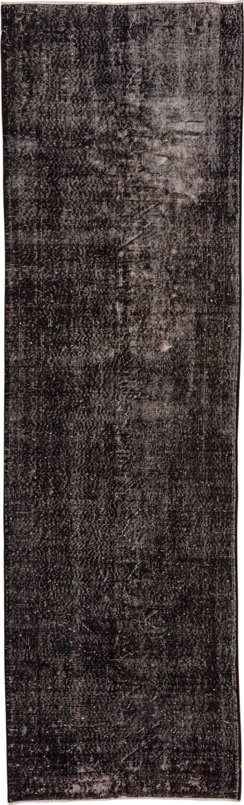 3' x 10' one-of-a-kind handmade vintage Overdyed runner rug. Color palette: black, charcoal, dark gray, dim gray, gray