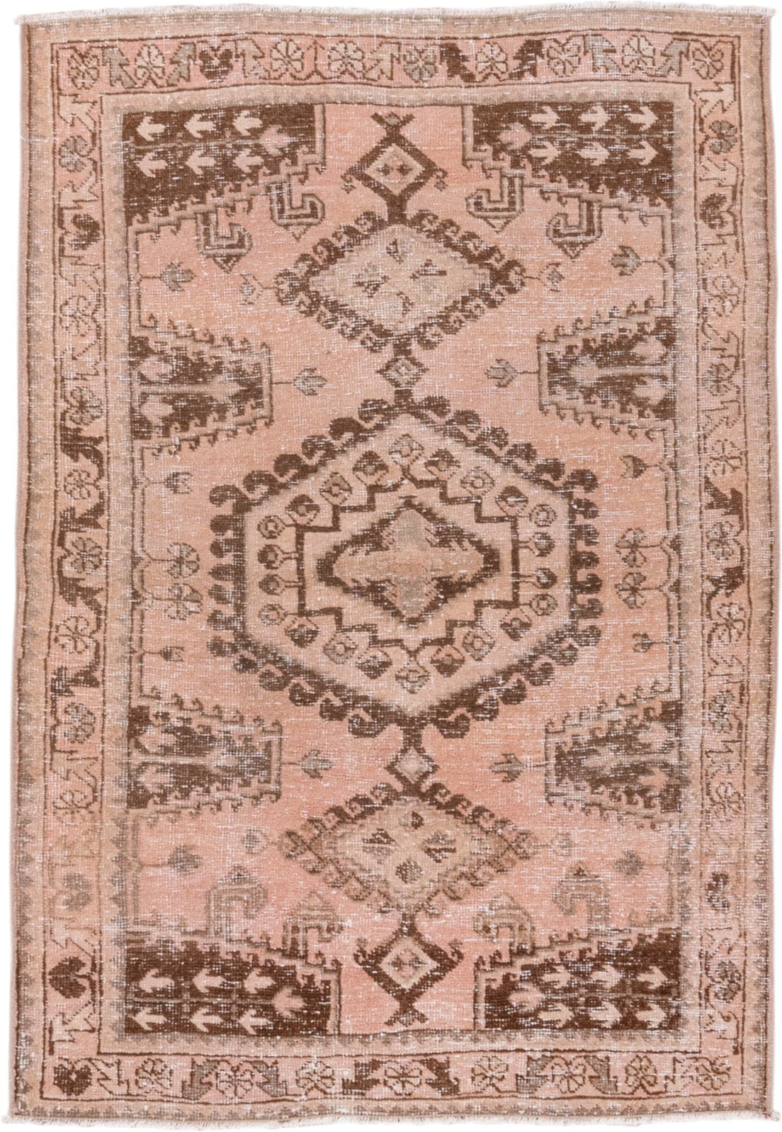 3' x 5' one-of-a-kind handmade vintage Oushak small size rug. Color palette: blush, taupe, brown, camel, ivory, pink, beige