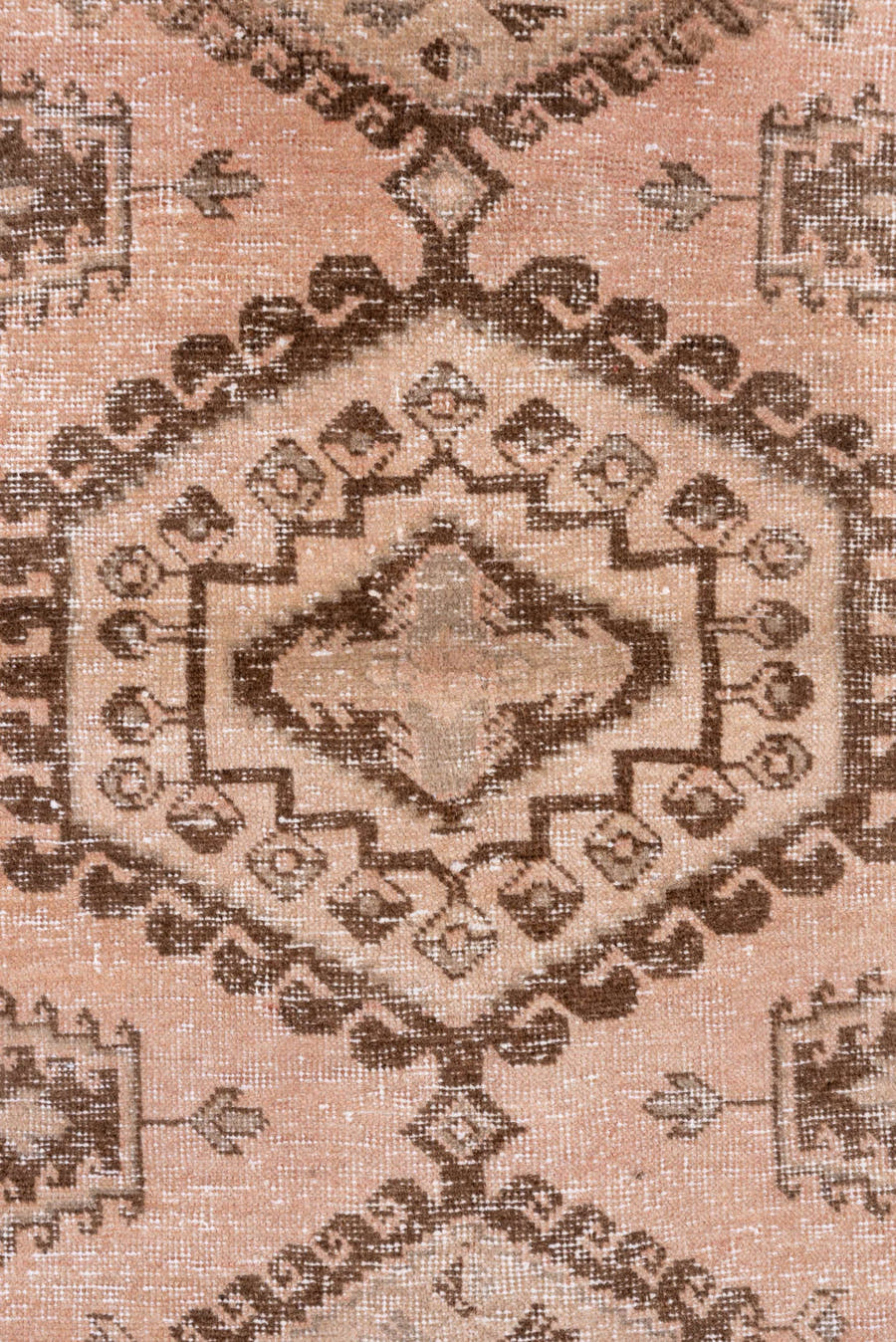 3' x 5' one-of-a-kind handmade vintage Oushak small size rug. Color palette: blush, taupe, brown, camel, ivory, pink, beige