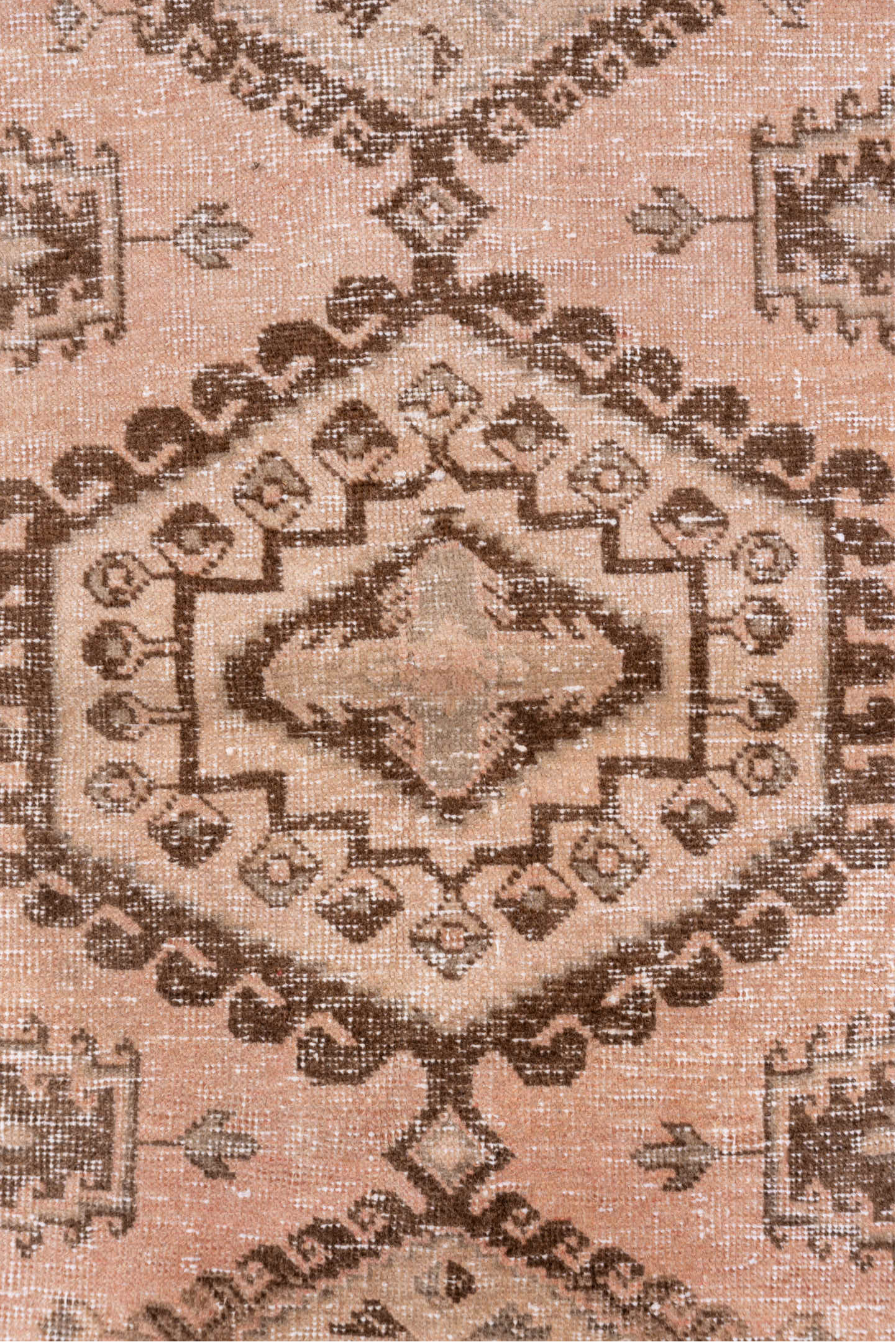 3' x 5' one-of-a-kind handmade vintage Oushak small size rug. Color palette: blush, taupe, brown, camel, ivory, pink, beige