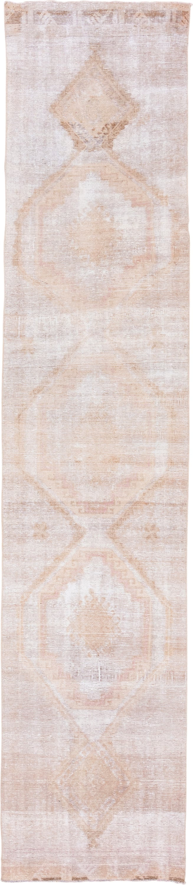 2' x 13' one-of-a-kind handmade vintage Oushak runner rug. Color palette: ivory, blush, sand, taupe, peach, pink, beige