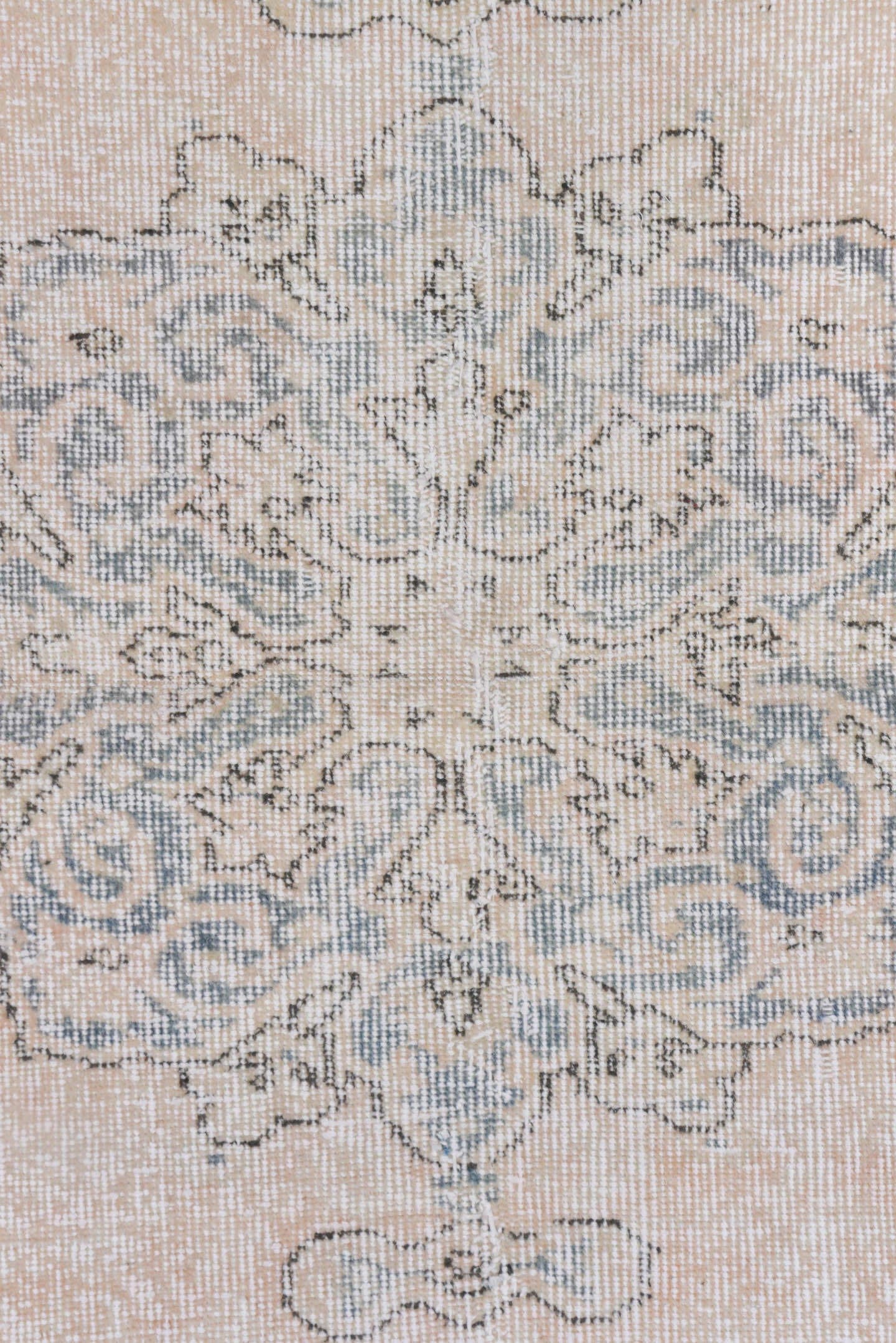 3' x 6' one-of-a-kind handmade vintage Oushak small size rug. Color palette: blush, ivory, pale blue, cream, taupe, pink