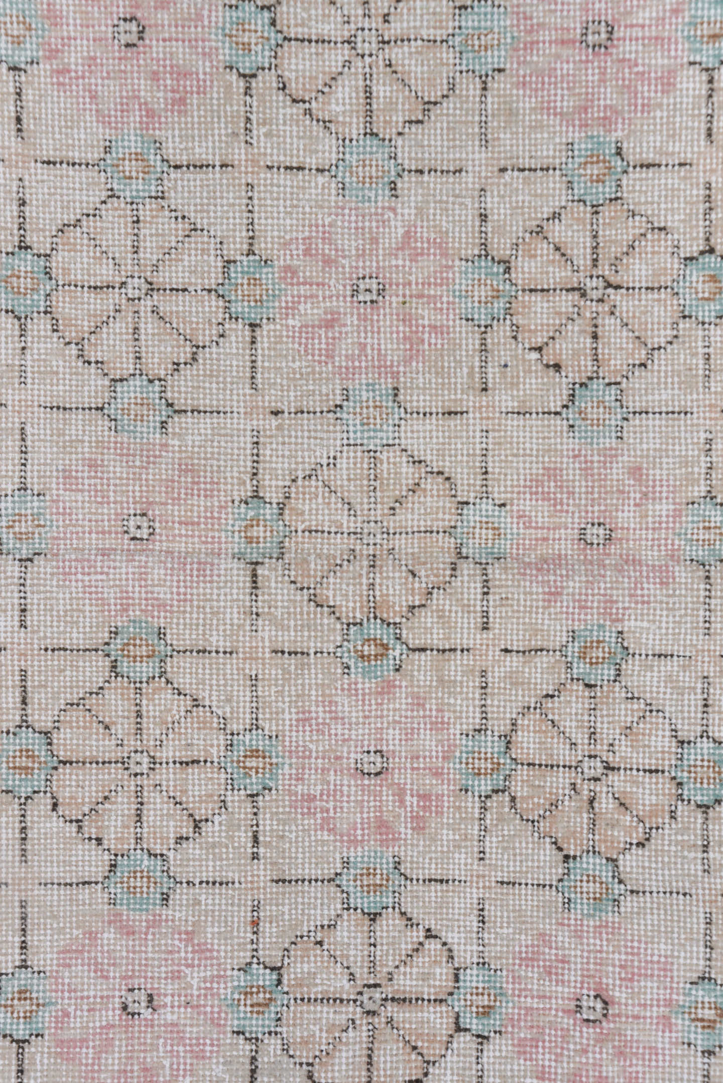 4' x 6' one-of-a-kind handmade vintage Oushak small size rug. Color palette: blush, ivory, taupe, aqua, beige, charcoal