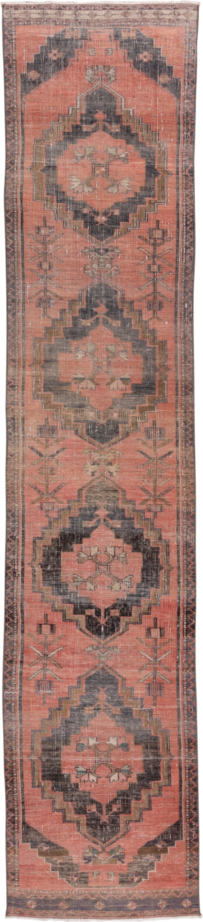 2' x 13' one-of-a-kind handmade vintage Oushak runner rug. Color palette: coral, charcoal, taupe, rose, ivory, brown
