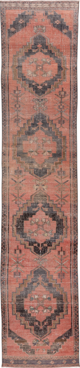 2' x 13' one-of-a-kind handmade vintage Oushak runner rug. Color palette: black, brown, gray, off-white, pink, snow, white