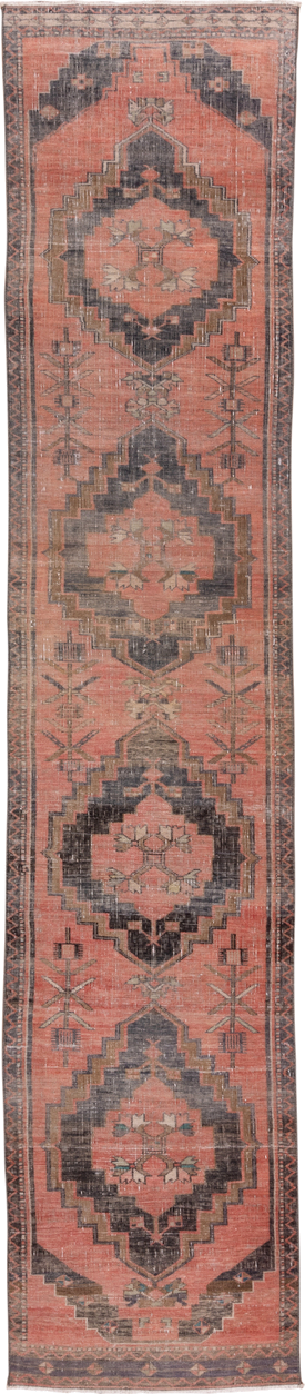 2' x 13' one-of-a-kind handmade vintage Oushak runner rug. Color palette: black, brown, gray, off-white, pink, snow, white