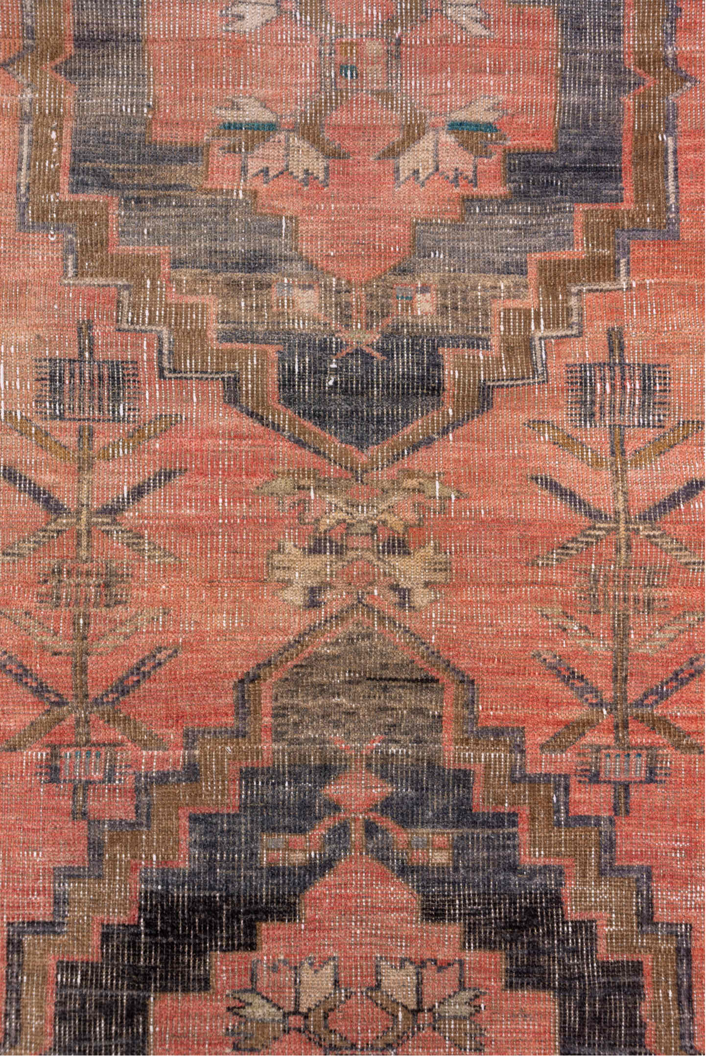 2' x 13' one-of-a-kind handmade vintage Oushak runner rug. Color palette: black, brown, gray, off-white, pink, snow, white