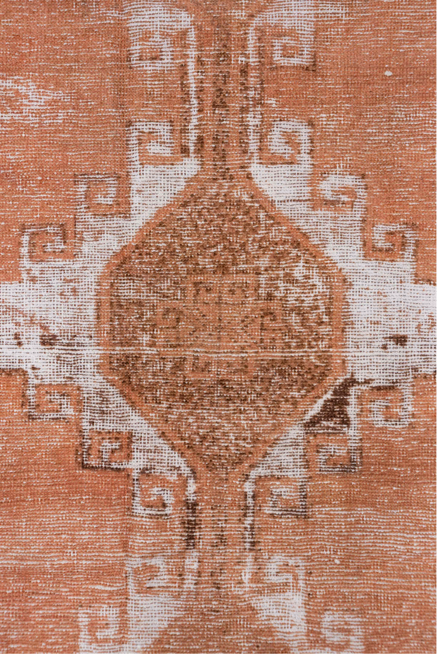 3' x 7' one-of-a-kind handmade vintage Overdyed runner rug. Color palette: brown, gray, light gray, off-white, pink, snow