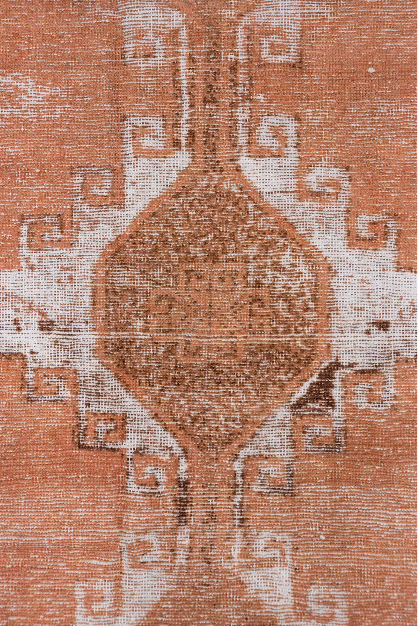 3' x 7' one-of-a-kind handmade vintage Overdyed runner rug. Color palette: brown, gray, light gray, off-white, pink, snow