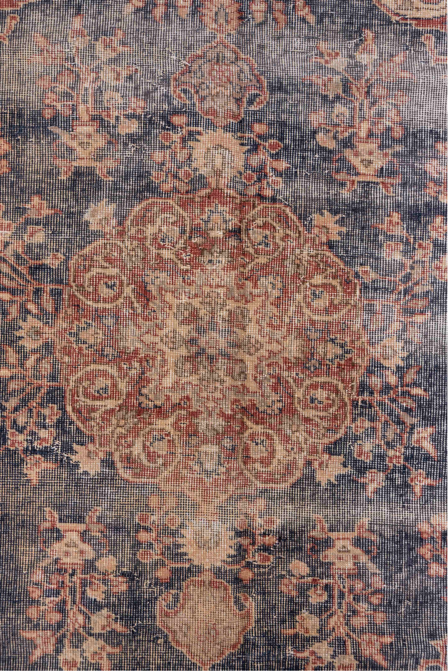 3' x 6' one-of-a-kind handmade vintage Oushak small size rug. Color palette: blue-gray, ivory, blush, rust, taupe, peach