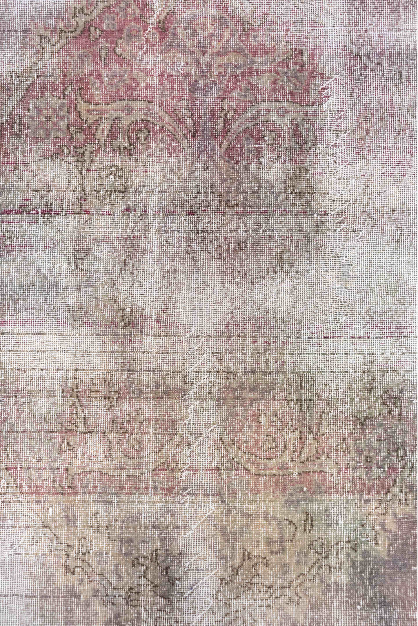 6' x 10' one-of-a-kind handmade vintage Oushak large size rug. Color palette: rose, mauve, ivory, taupe, sage, blush