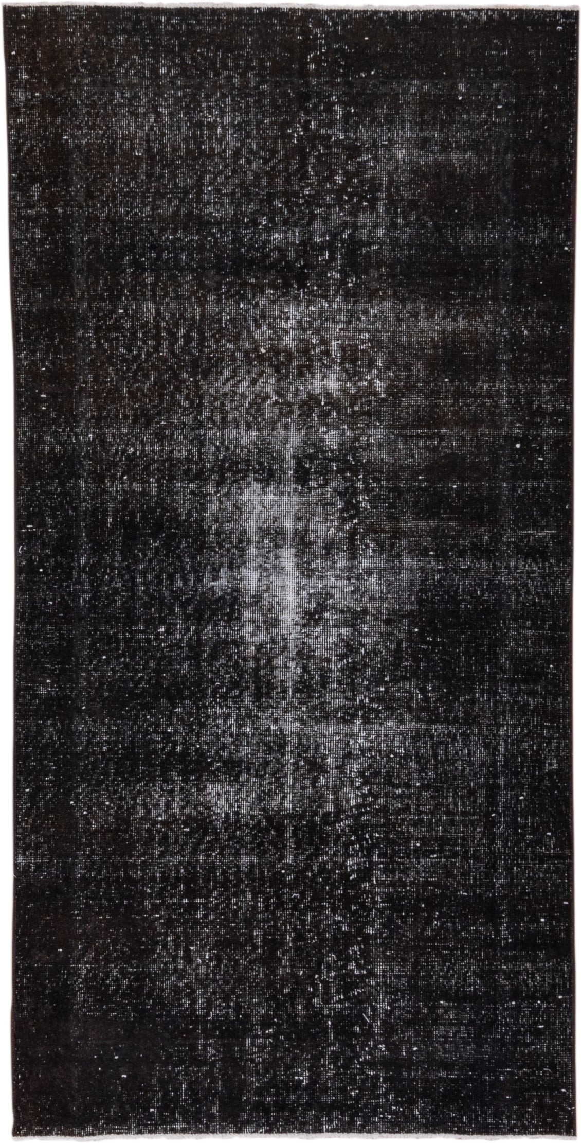 3' x 6' one-of-a-kind handmade vintage Overdyed runner rug. Color palette: charcoal, black, slate, ivory, gray