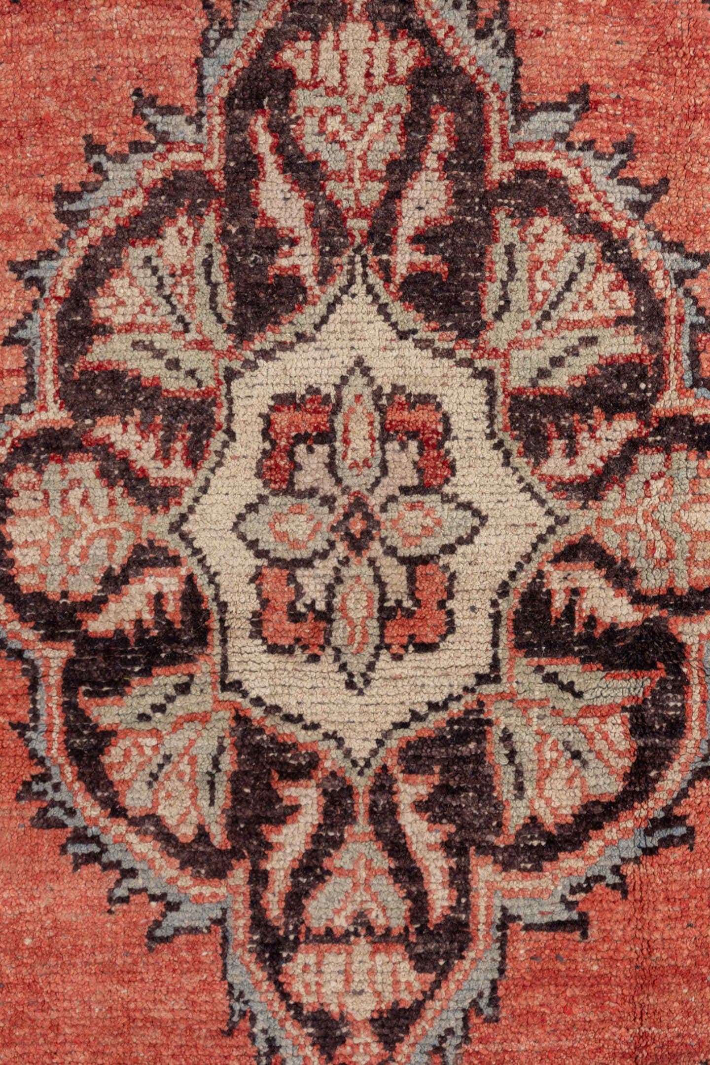 4' x 5' one-of-a-kind handmade vintage Oushak small size rug. Color palette: coral, ivory, brown, charcoal, rose, terracotta