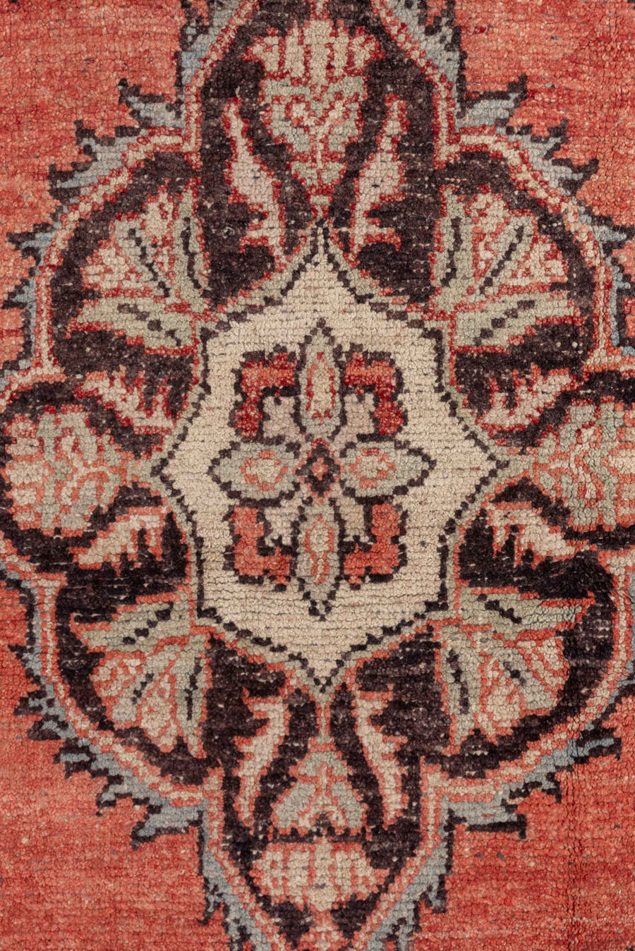 4' x 5' one-of-a-kind handmade vintage Oushak small size rug. Color palette: coral, ivory, brown, charcoal, rose, terracotta
