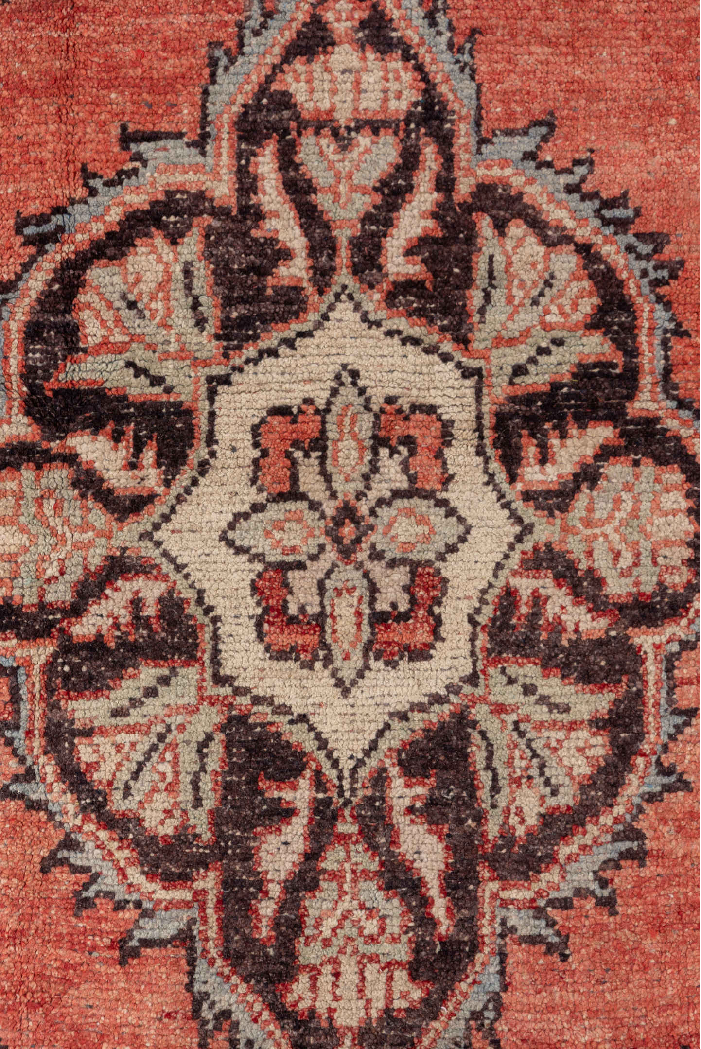 4' x 5' one-of-a-kind handmade vintage Oushak small size rug. Color palette: coral, ivory, brown, charcoal, rose, terracotta