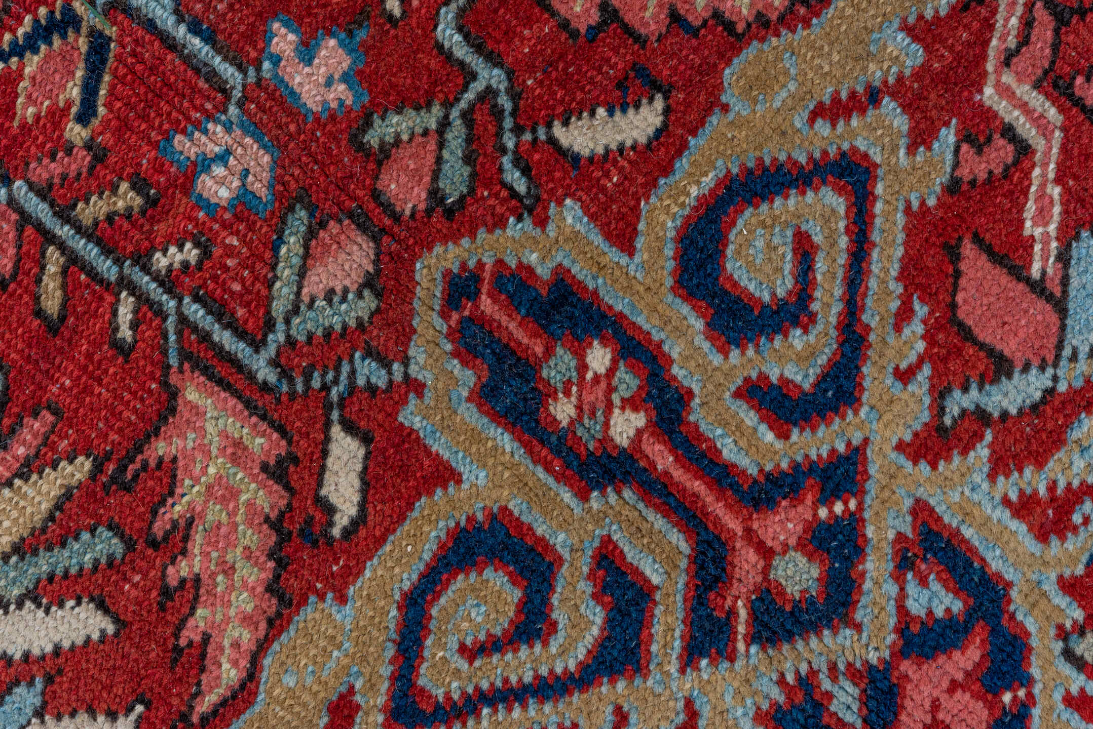7' x 10' one-of-a-kind handmade antique Heriz large size rug. Color palette: red, navy, ivory, sky blue, rose, burgundy