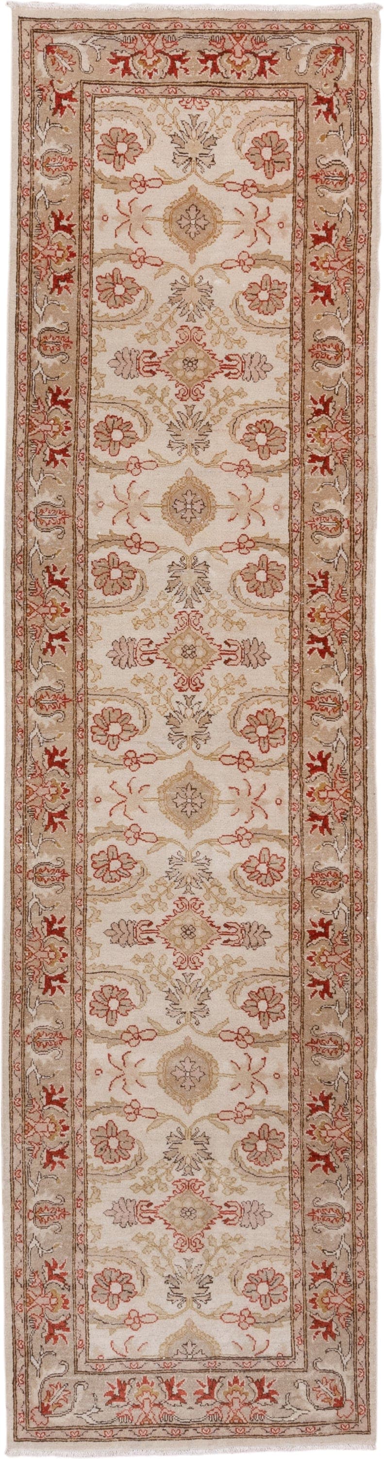 2' x 10' one-of-a-kind handmade vintage Tabriz runner rug. Color palette: ivory, taupe, beige, rust, camel, sage, gray